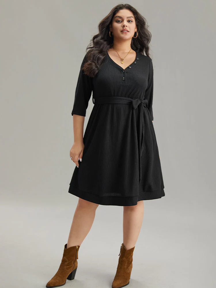 Waffle Knit Button Detail Belted Dress - Image 4