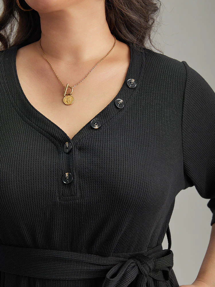 Waffle Knit Button Detail Belted Dress - Image 5