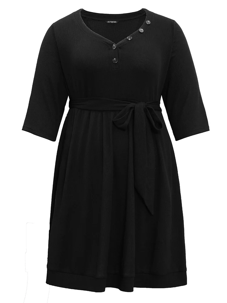 Waffle Knit Button Detail Belted Dress - Image 6