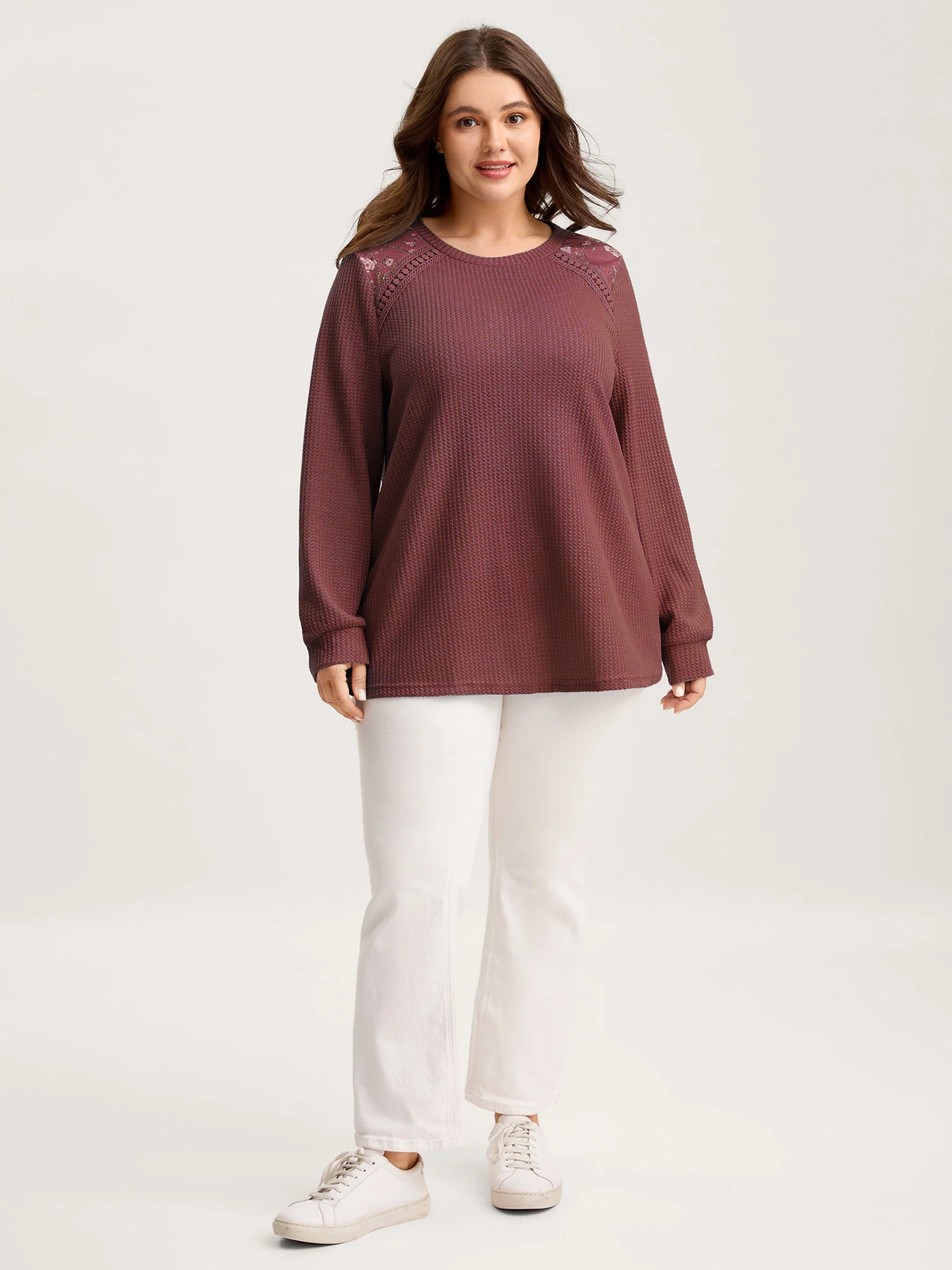 Waffle Spliced Floral Lace Sweatshirt - Image 10