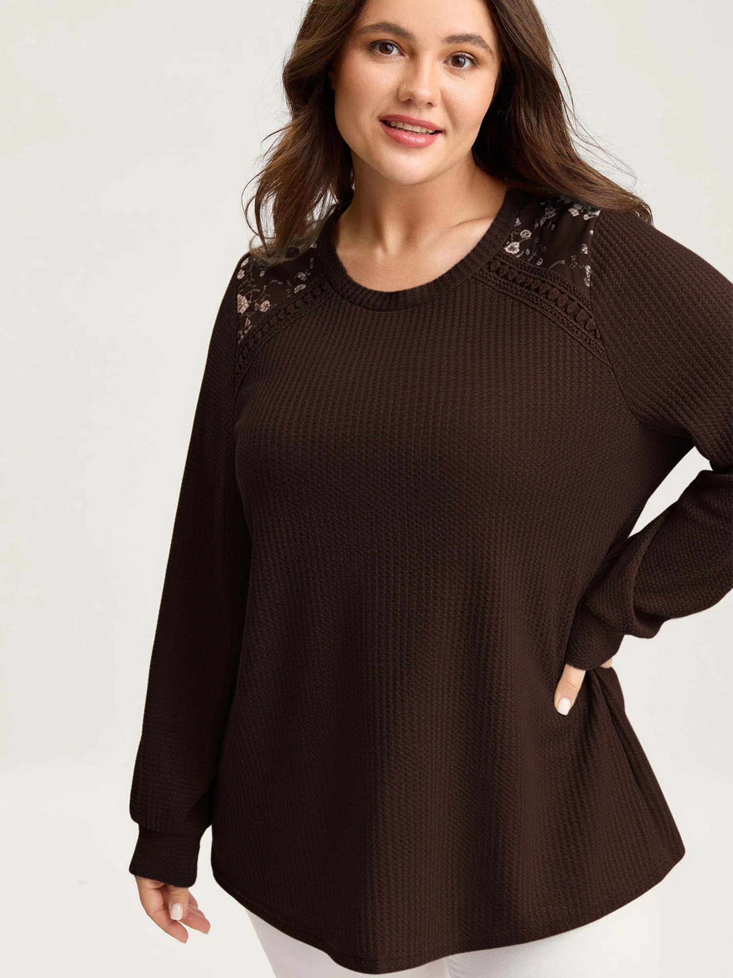 Waffle Spliced Floral Lace Sweatshirt - Image 13