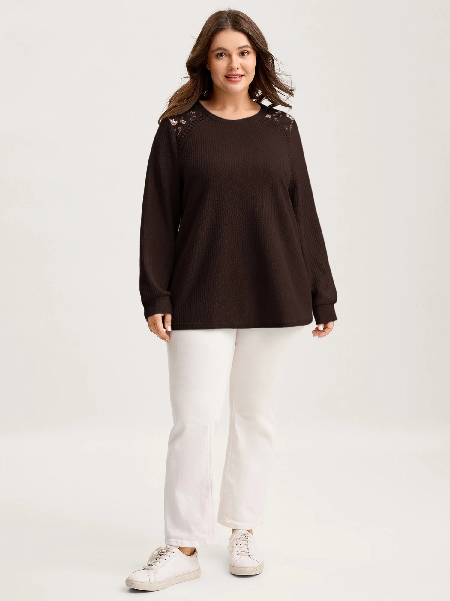 Waffle Spliced Floral Lace Sweatshirt - Image 14