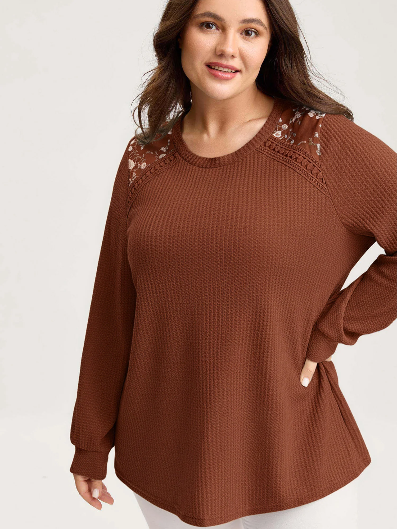 Waffle Spliced Floral Lace Sweatshirt - Image 17