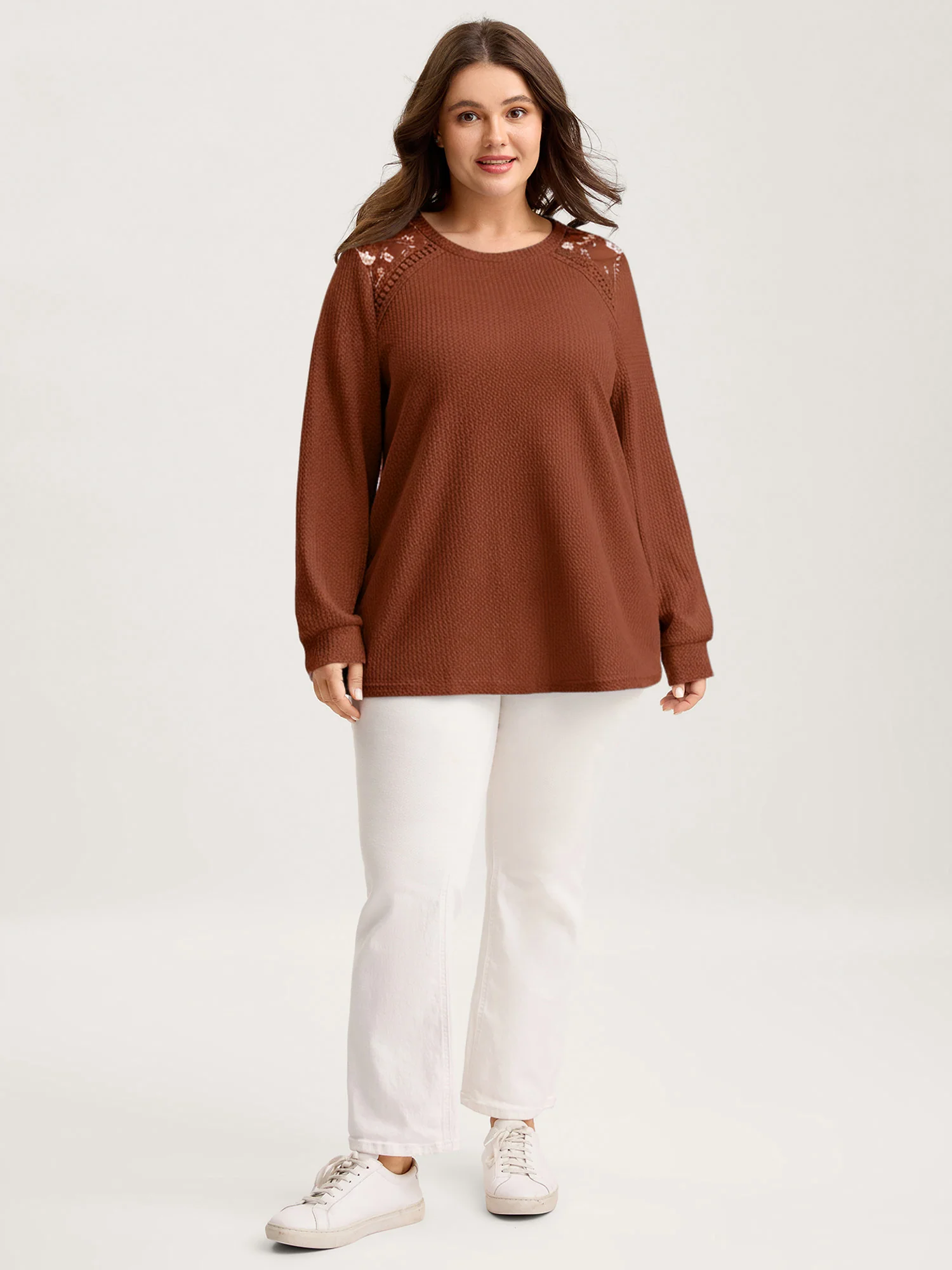 Waffle Spliced Floral Lace Sweatshirt - Image 18
