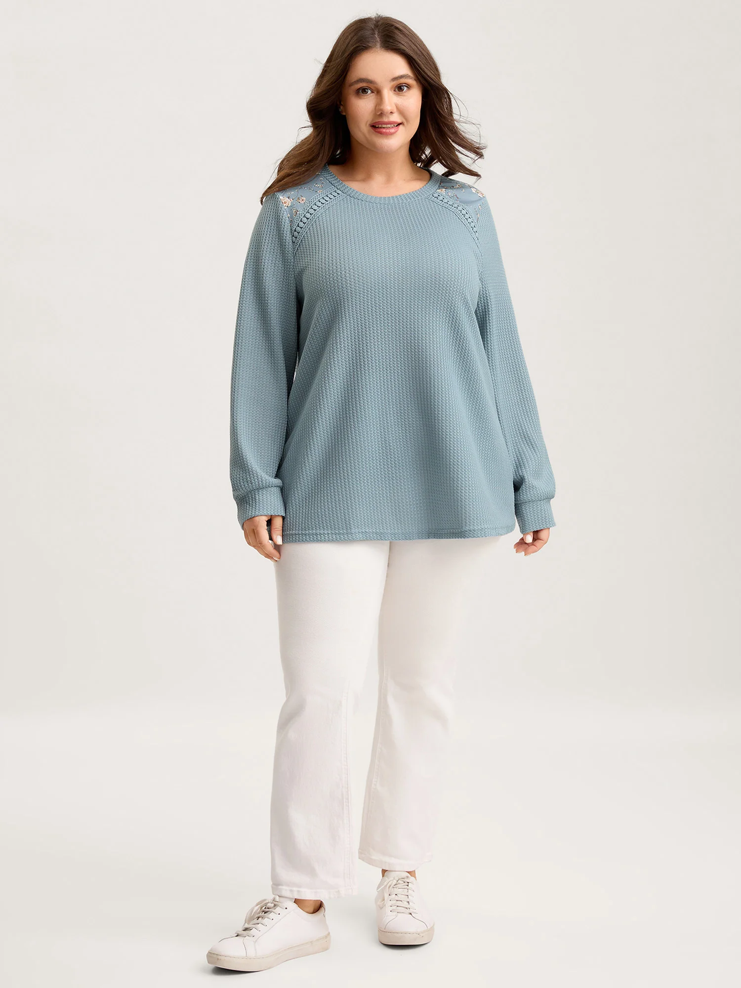 Waffle Spliced Floral Lace Sweatshirt - Image 3