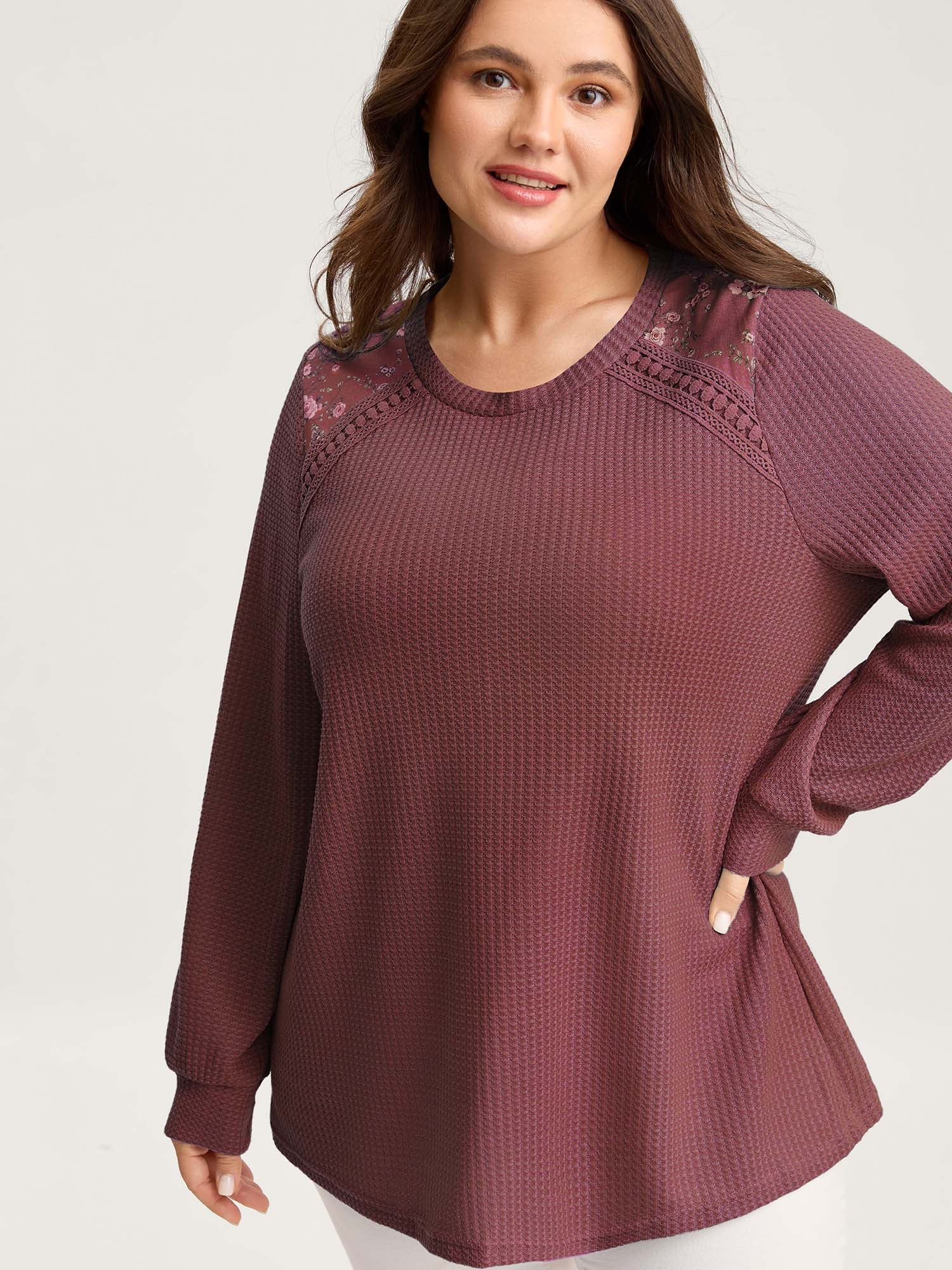 Waffle Spliced Floral Lace Sweatshirt - Image 9