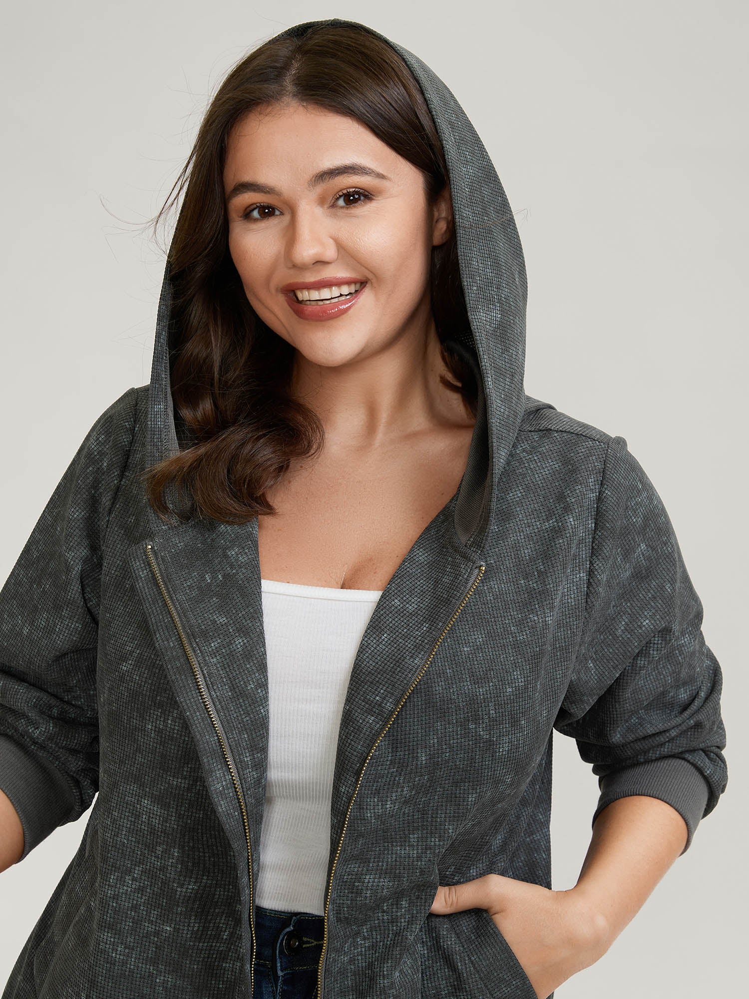 Waffle Texture Solid Zipper Hoodie - Image 2