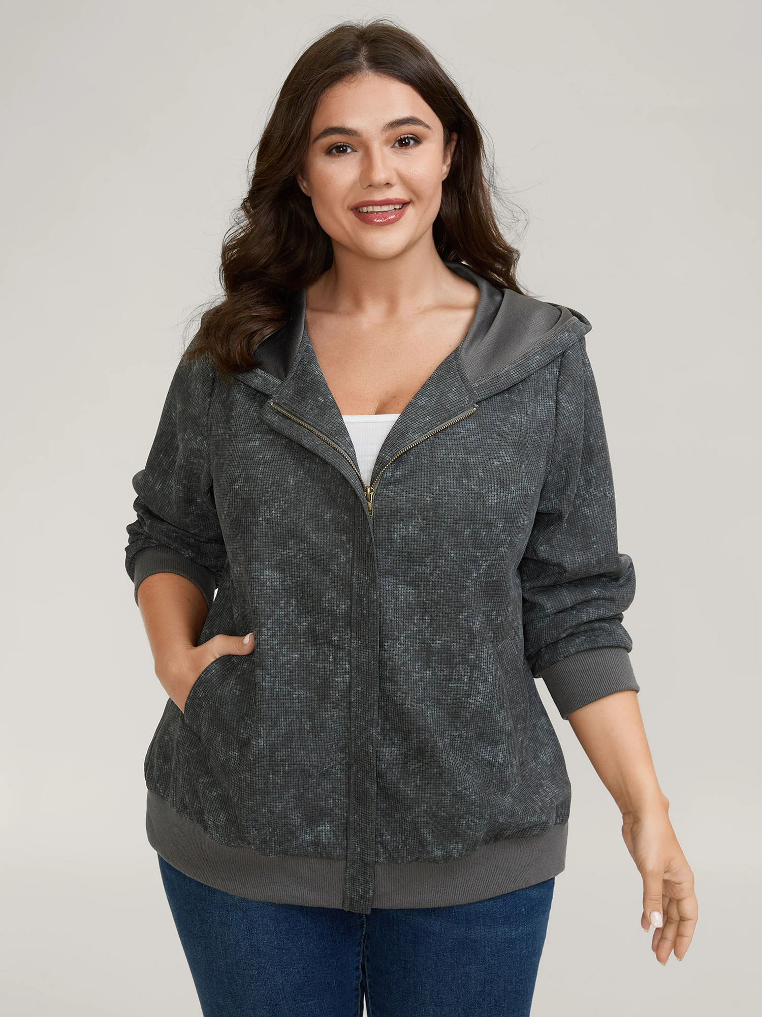 Waffle Texture Solid Zipper Hoodie - Image 4