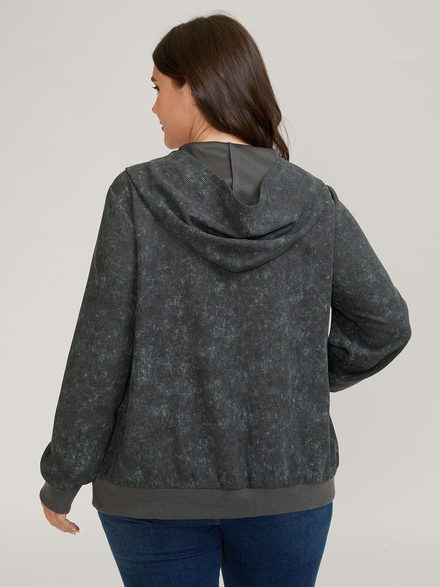 Waffle Texture Solid Zipper Hoodie - Image 5