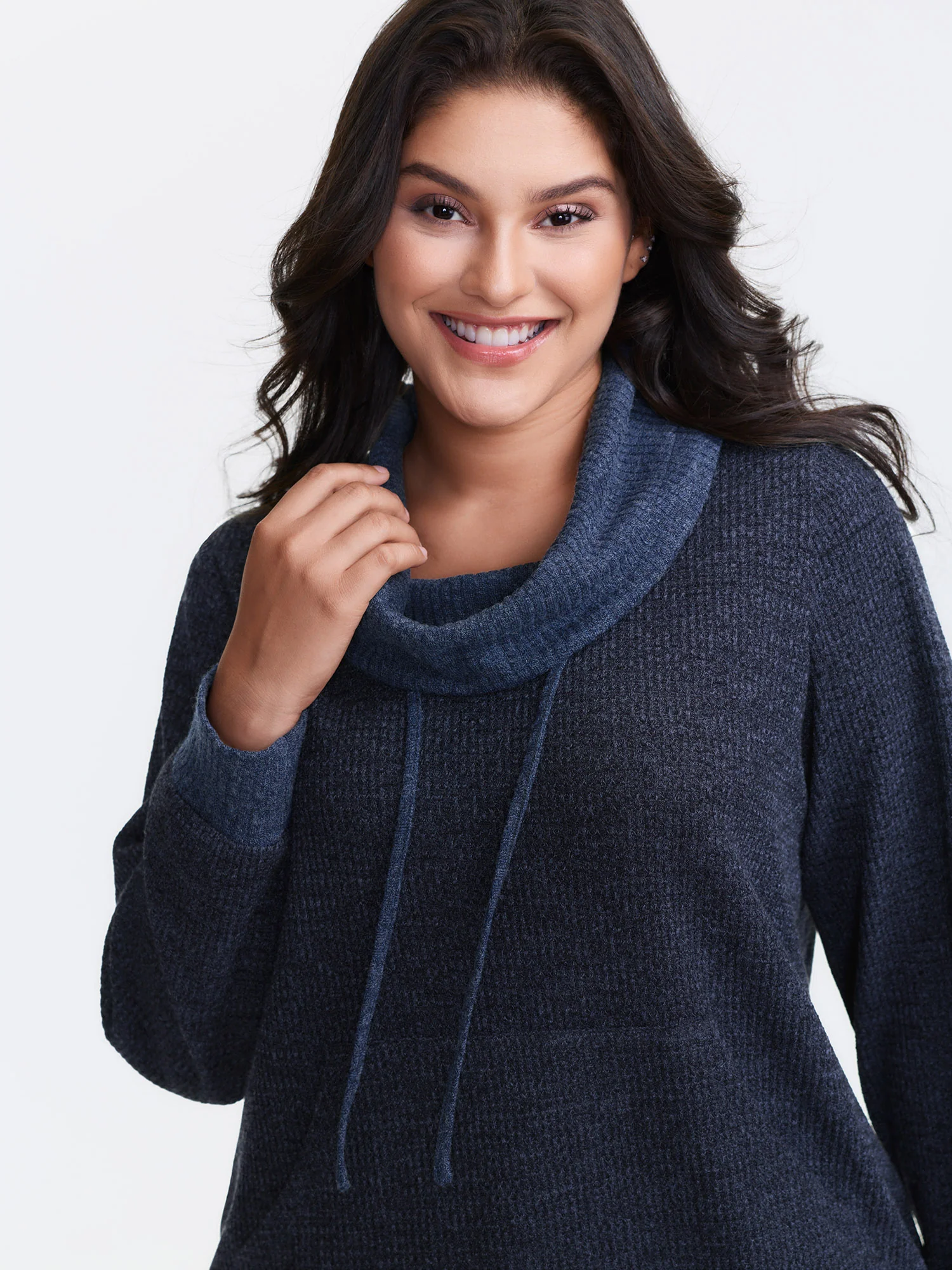 Waffle Textured Drape Turtleneck Sweatshirt - Image 2