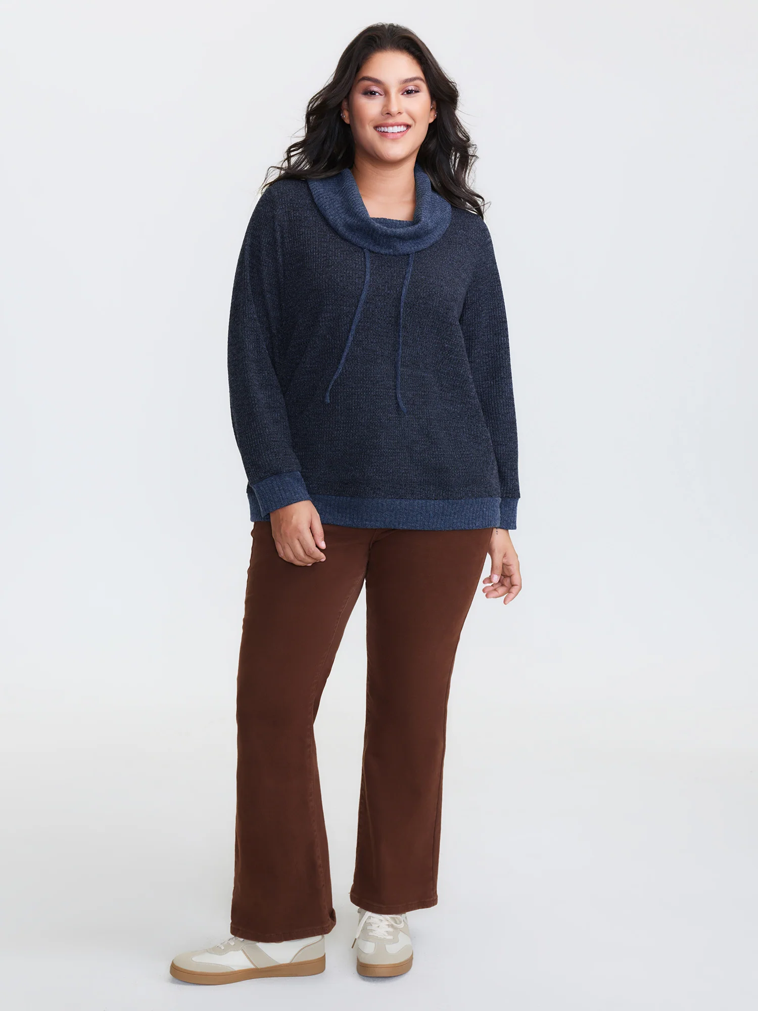 Waffle Textured Drape Turtleneck Sweatshirt - Image 3
