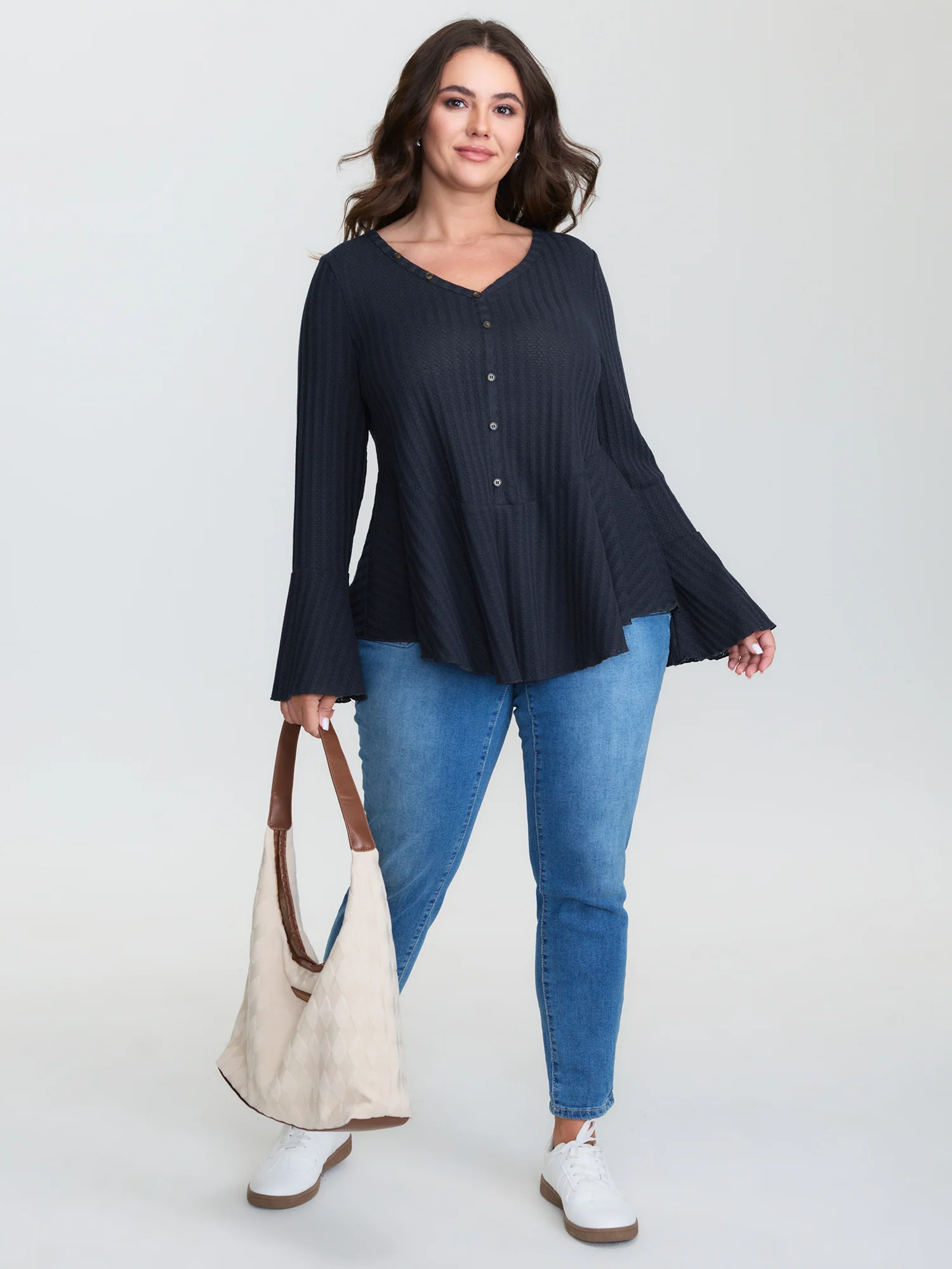 Waffle Textured Lotuf Leaf Hem Knit Top - Image 3