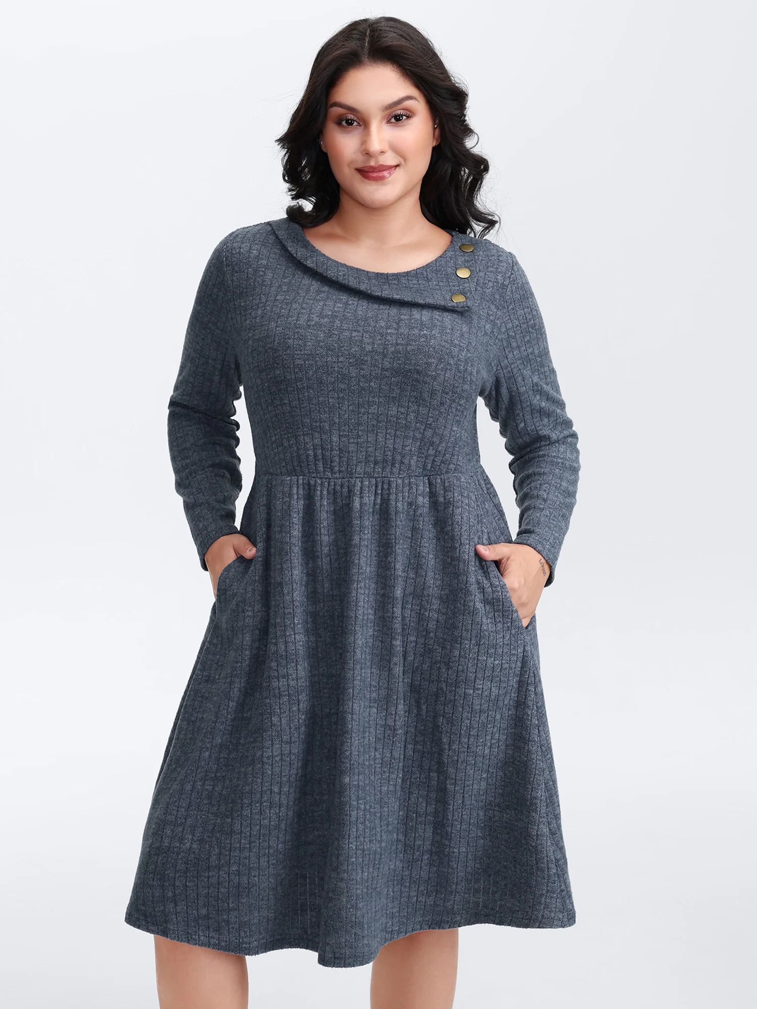 Waffle Velvety Feel Asymmetrical Neck Midi Dress - Image 2
