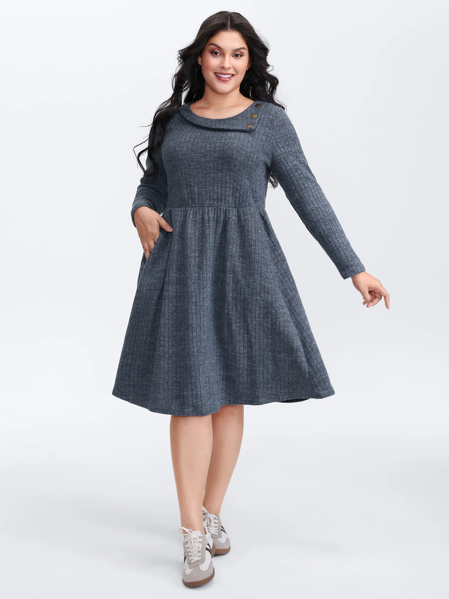 Waffle Velvety Feel Asymmetrical Neck Midi Dress - Image 3