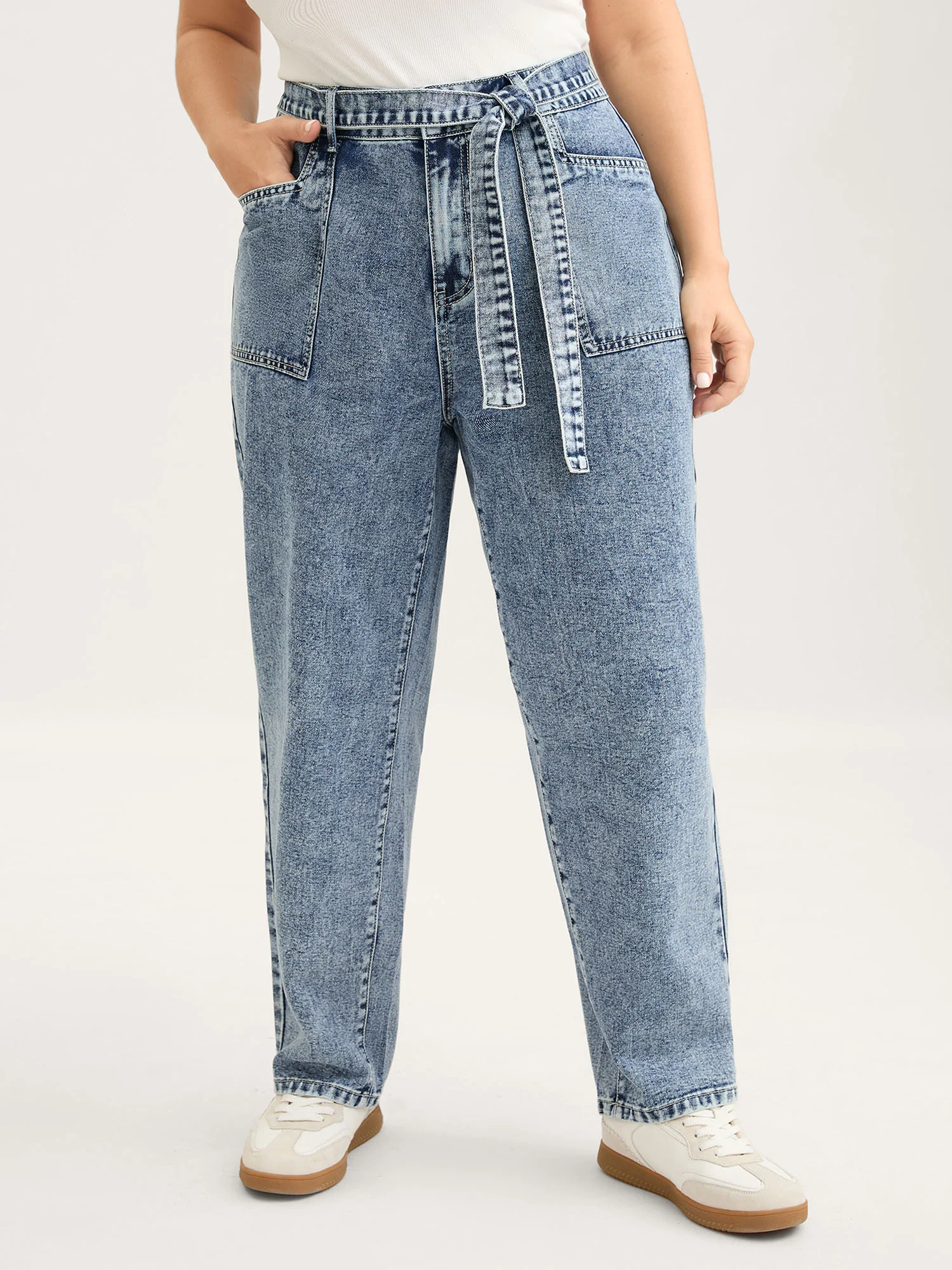 Waist Belted Pockets Boyfriend Jeans - Image 2