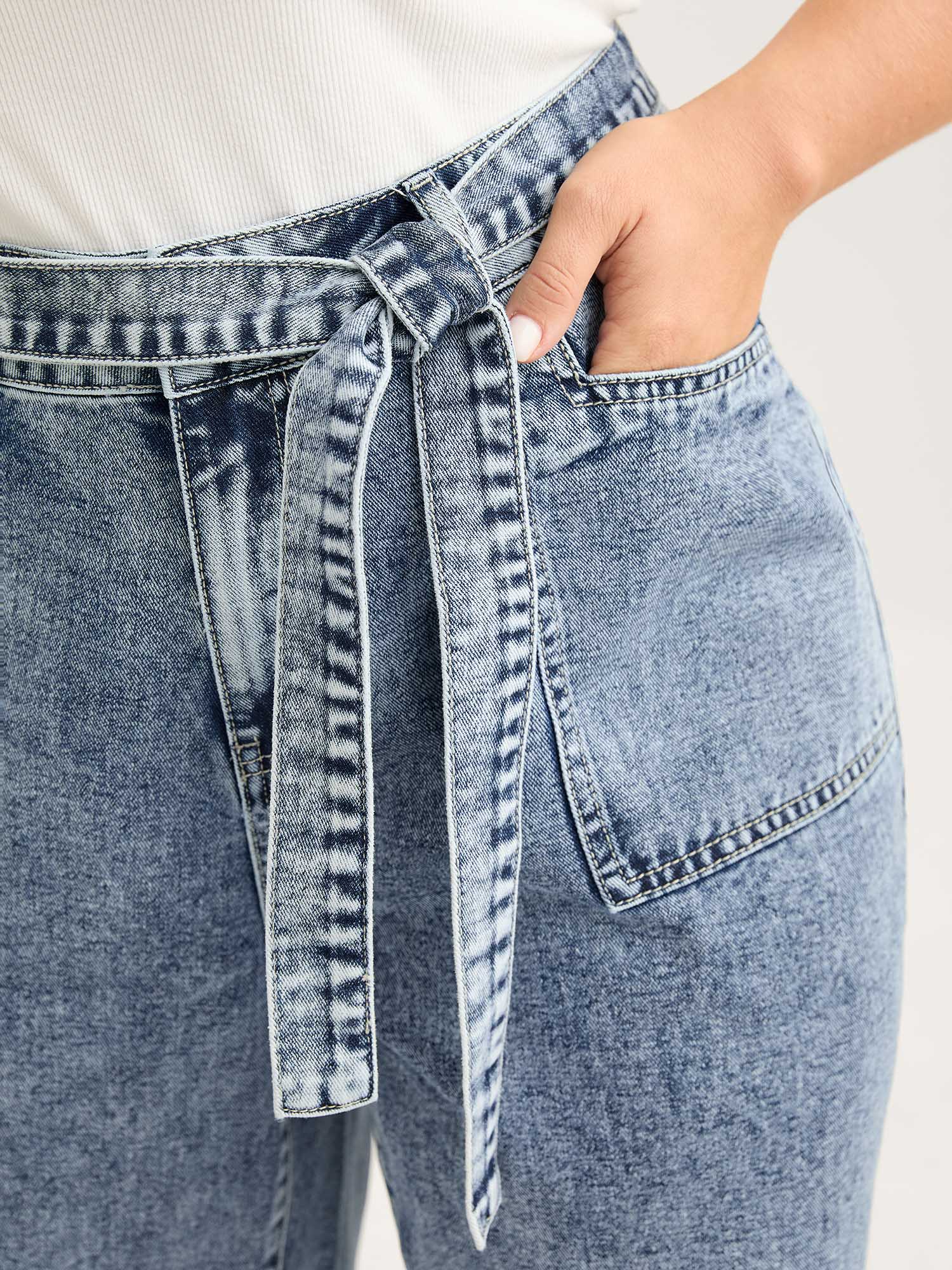 Waist Belted Pockets Boyfriend Jeans - Image 3