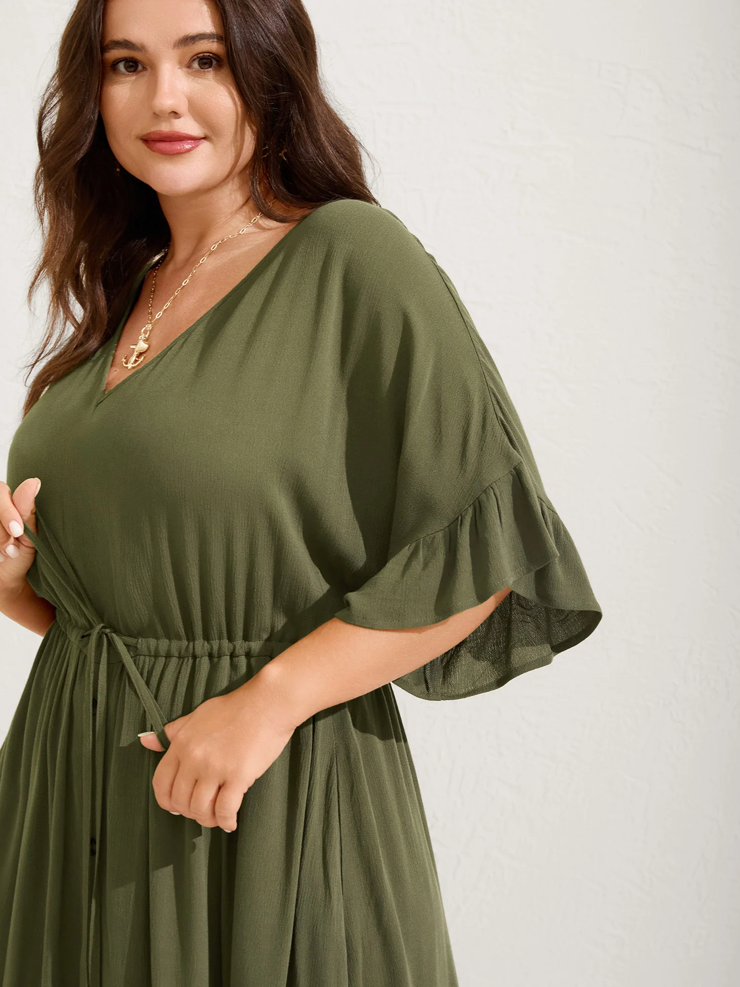 Waist-Defining Tie Ruffled Sleeve Maxi Dress - Image 2