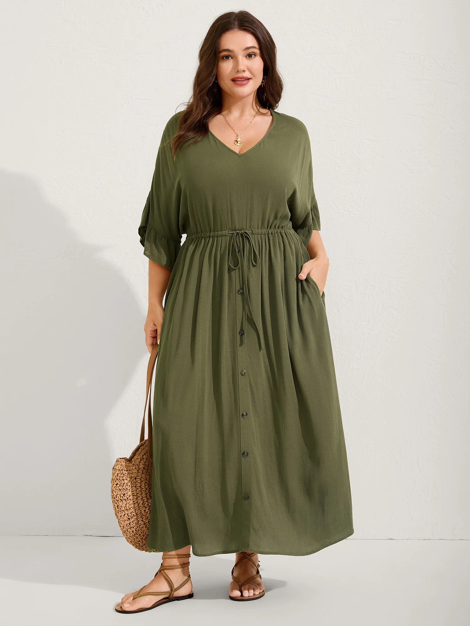 Waist-Defining Tie Ruffled Sleeve Maxi Dress - Image 3