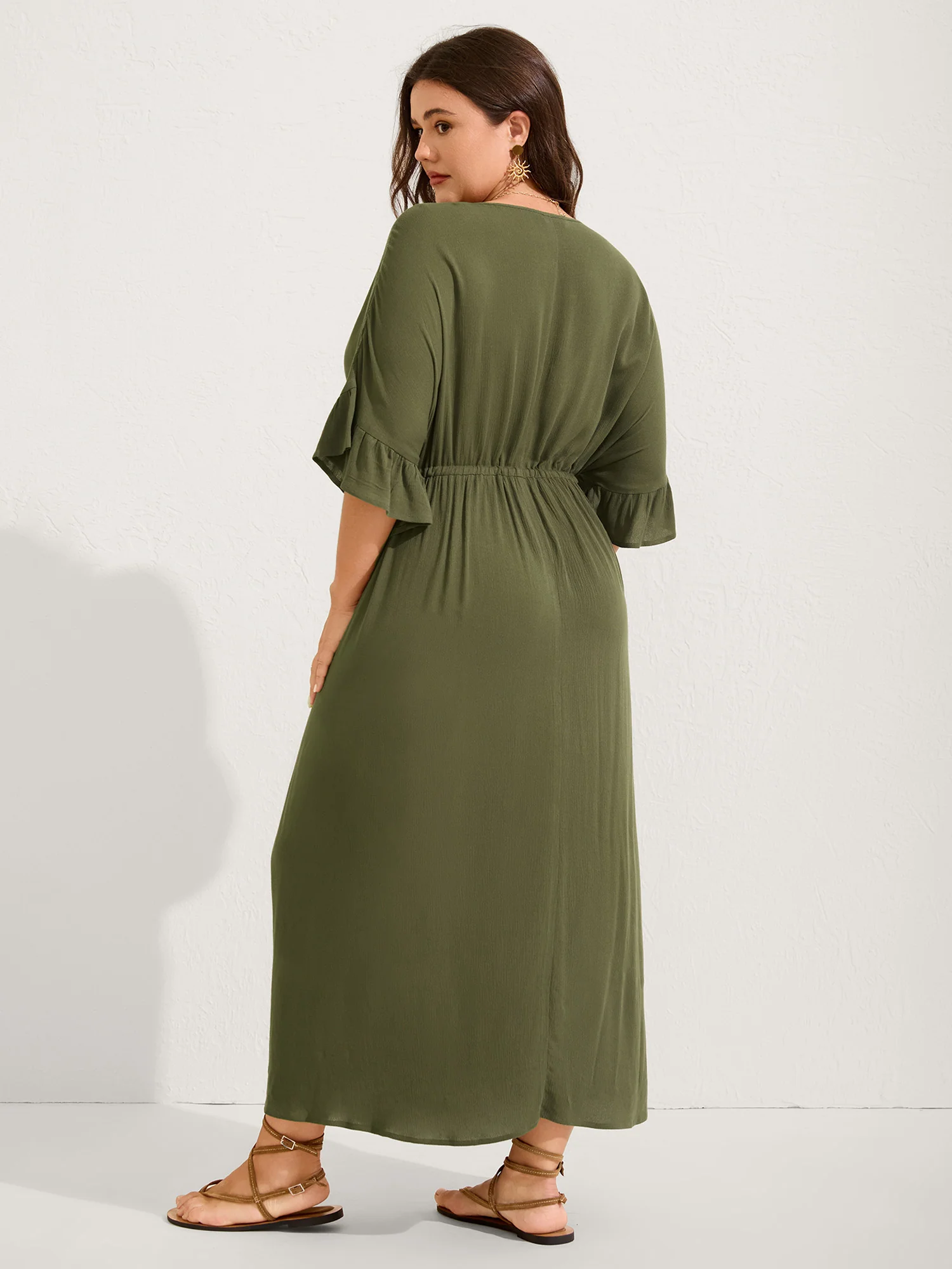 Waist-Defining Tie Ruffled Sleeve Maxi Dress - Image 4