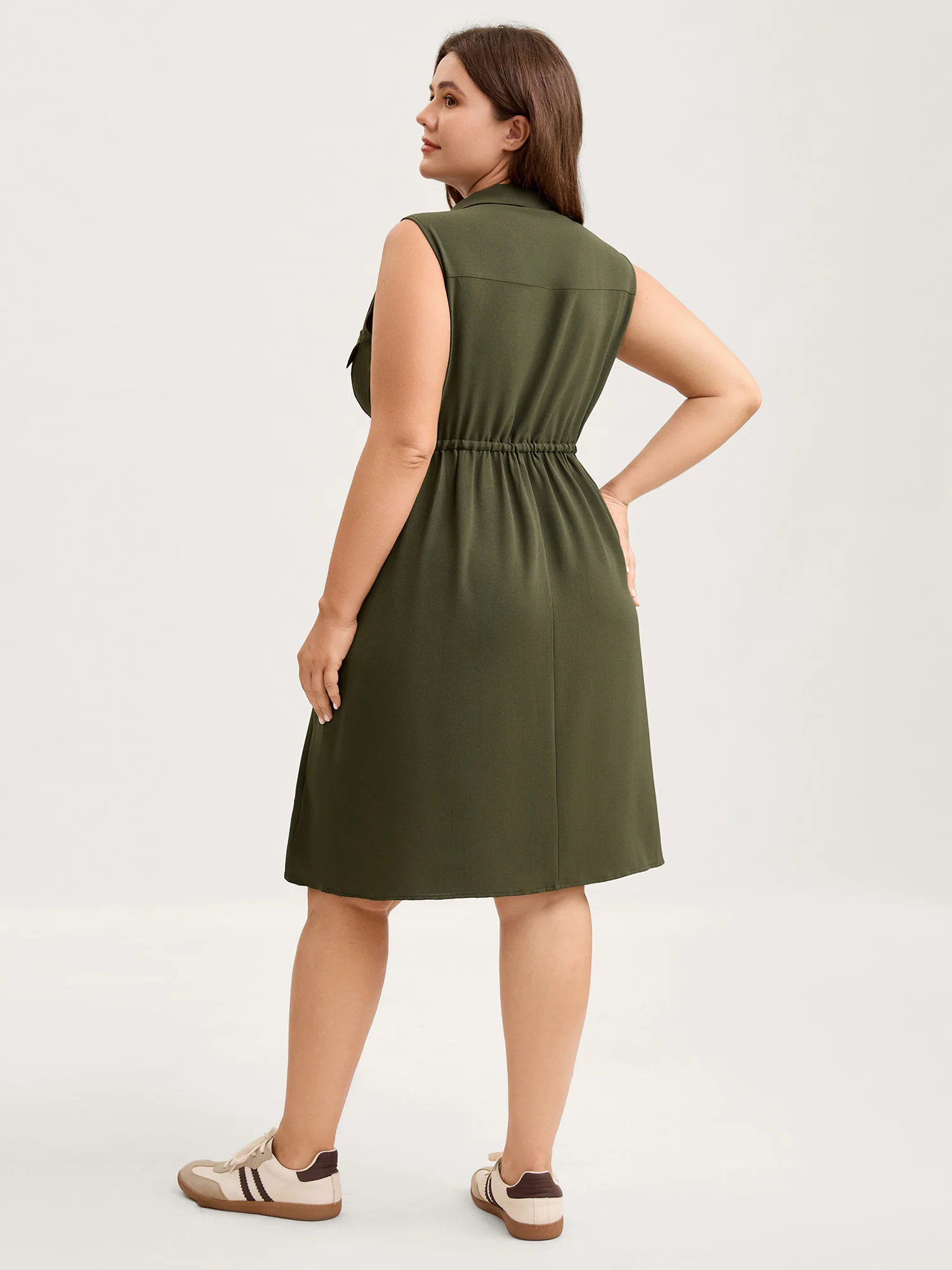 Waist Drawstring Pockets Solid Midi Dress - Image 4