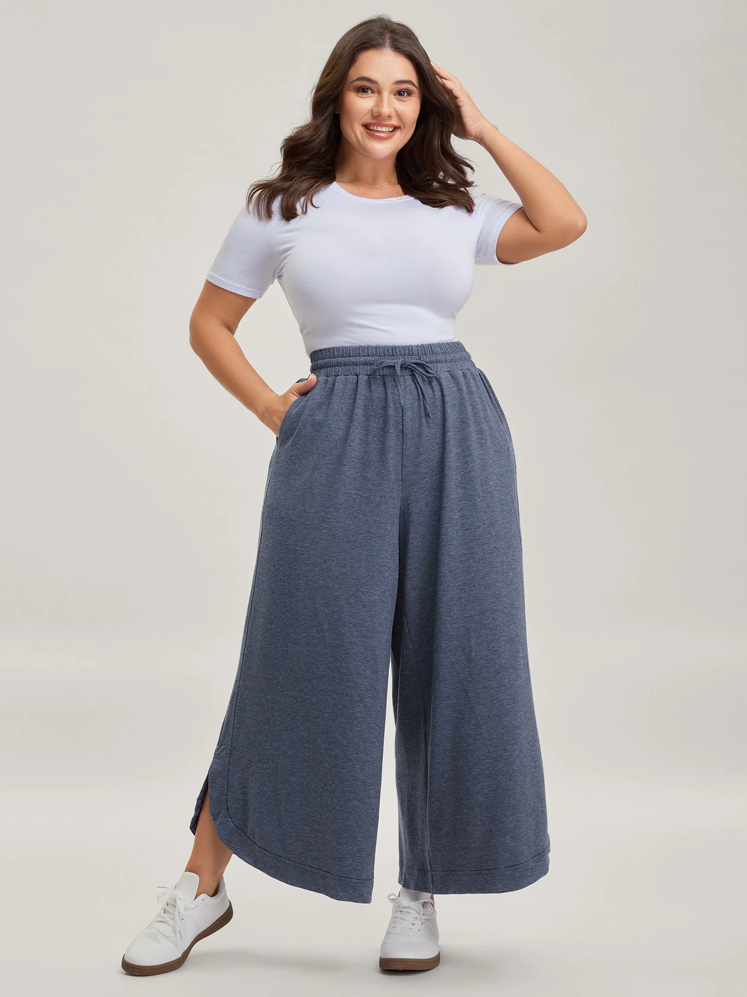 Waist Drawstring Split Hem Wide-Leg Pants - Image 2