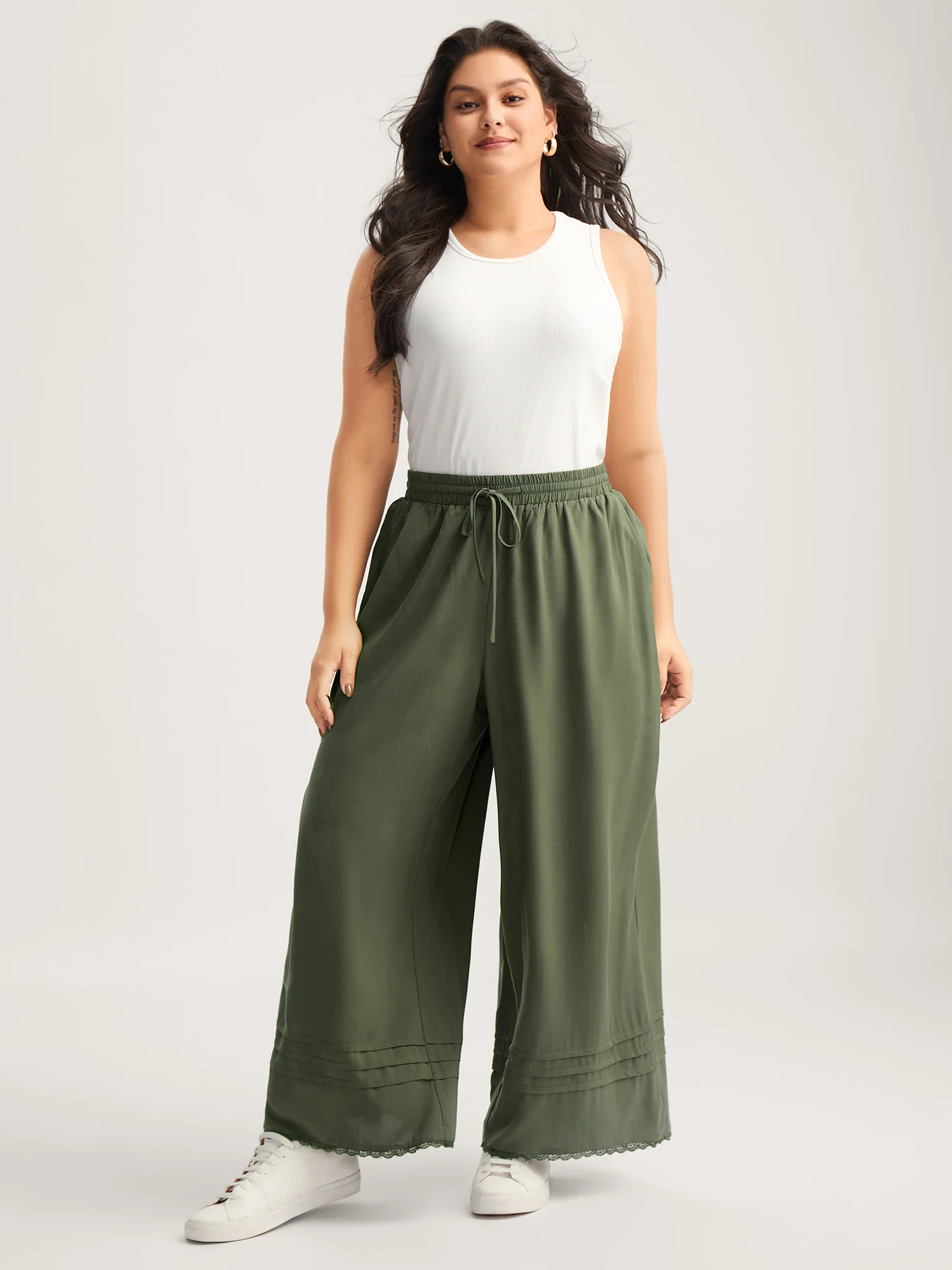 Waist Drawstring Wide-Leg Pleated Pants - Image 3