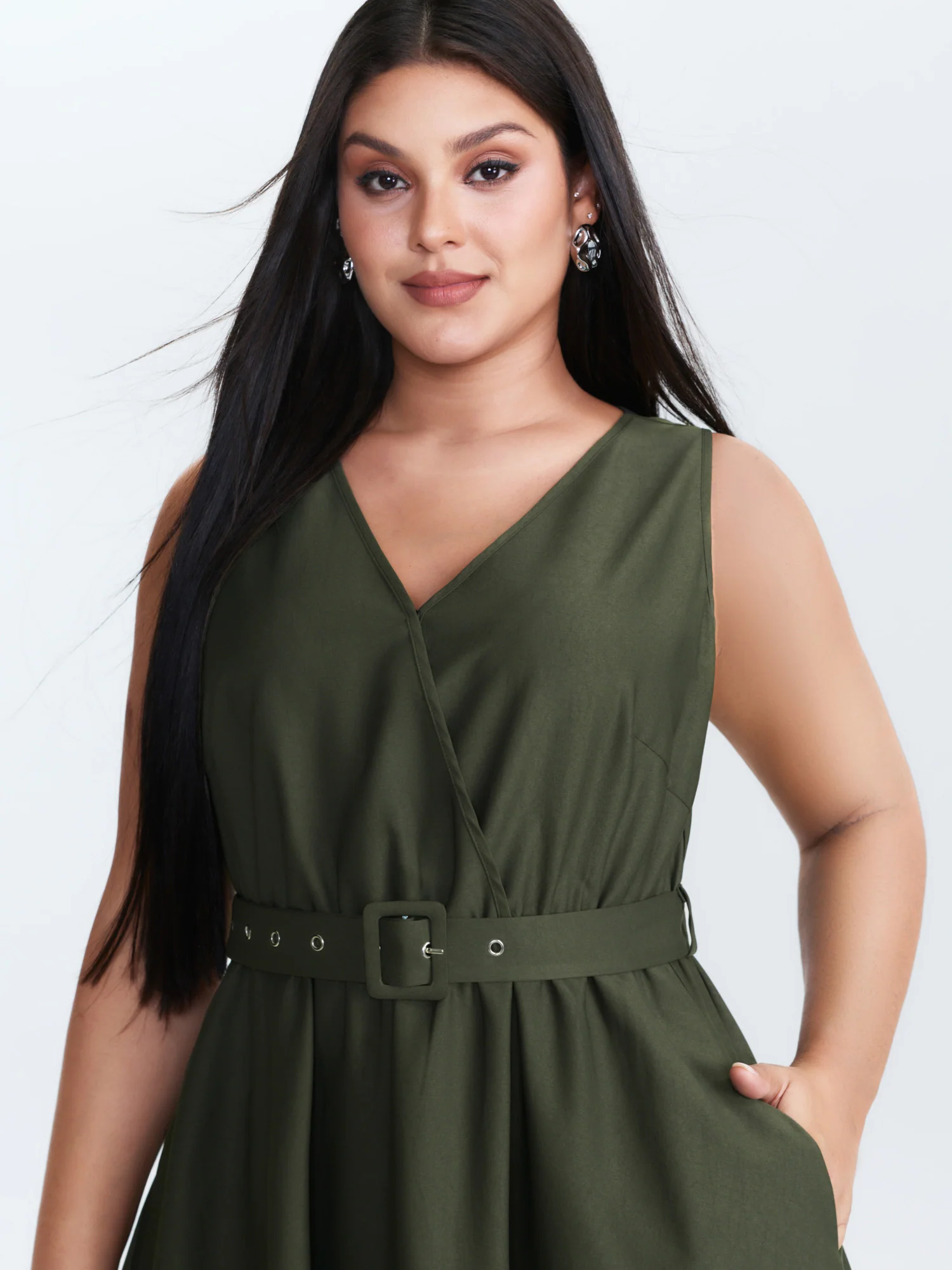 Waist-Tie Asymmetrical Hem Pockets Midi Dress - Image 2
