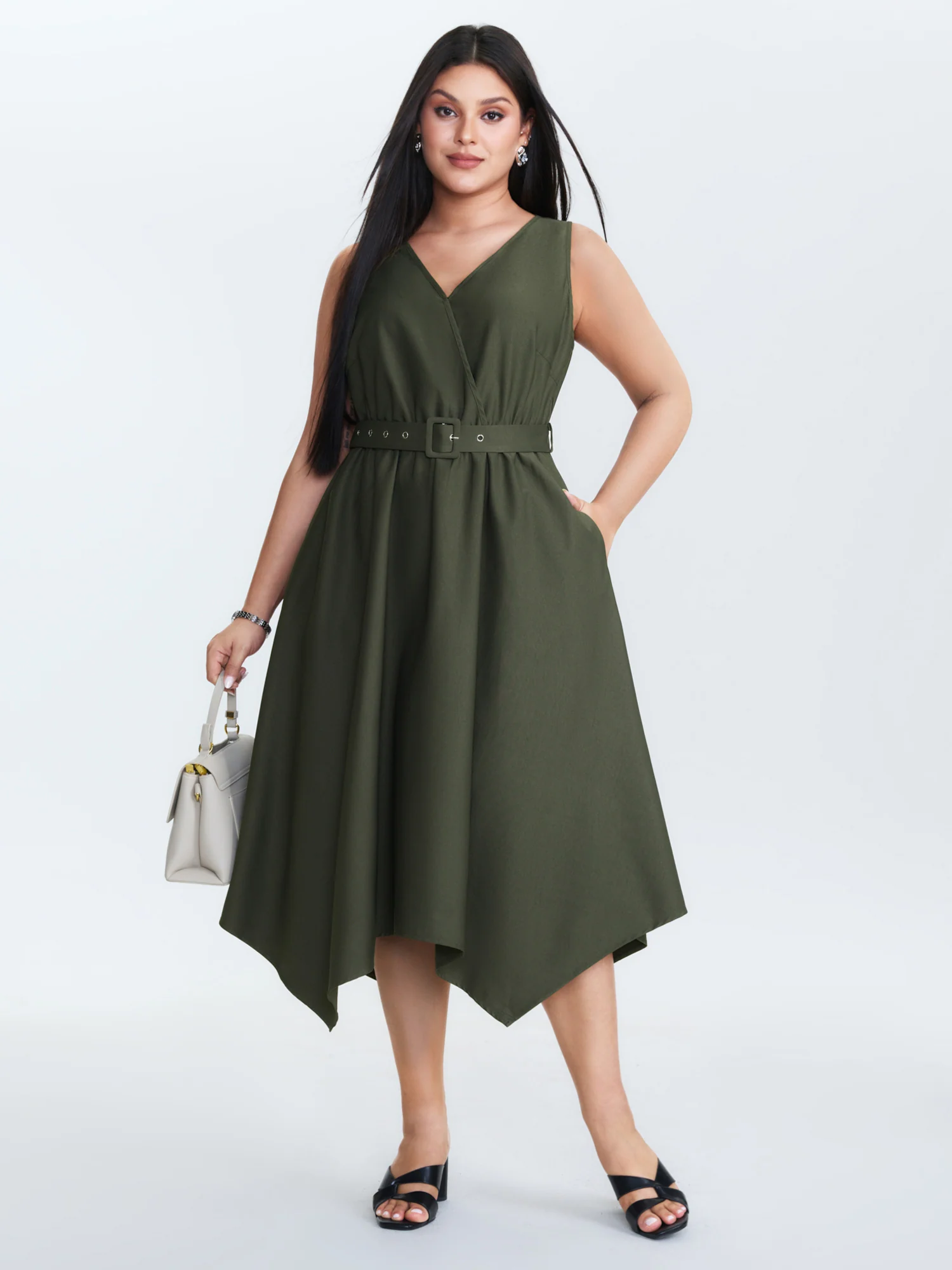 Waist-Tie Asymmetrical Hem Pockets Midi Dress - Image 3