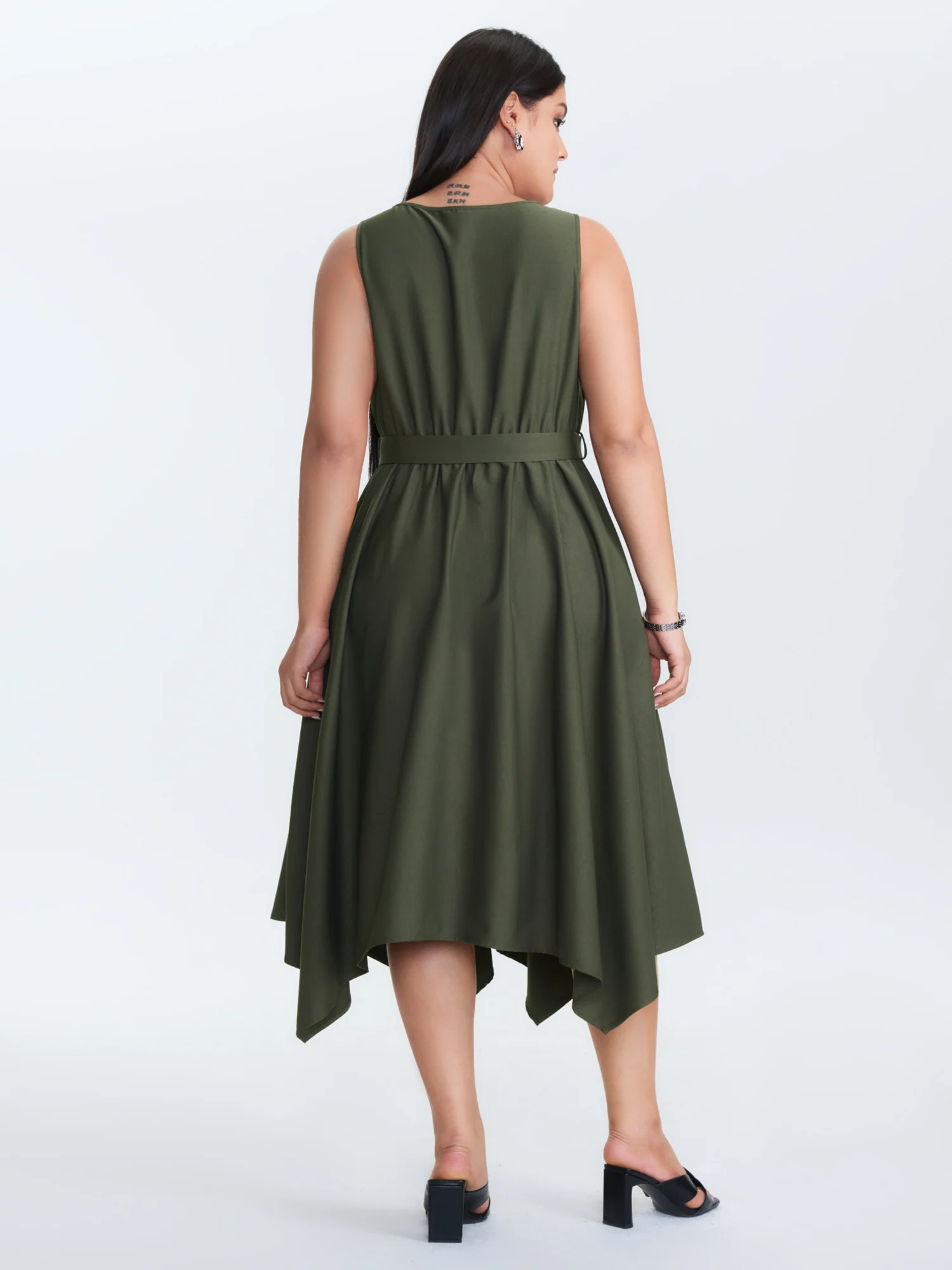 Waist-Tie Asymmetrical Hem Pockets Midi Dress - Image 4