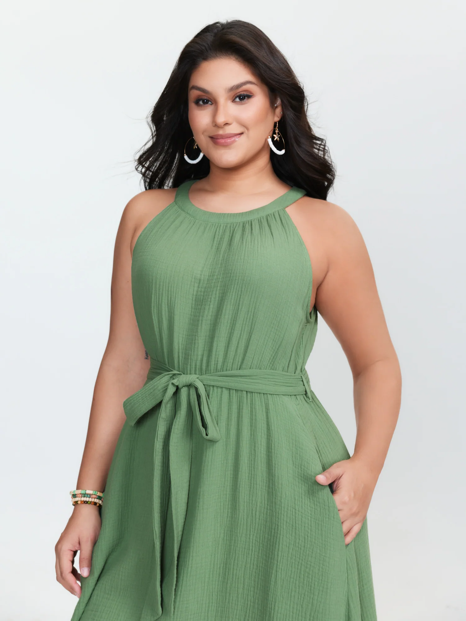 Cotton Waist-Tie Fringe Hem Mini Dress - Image 2