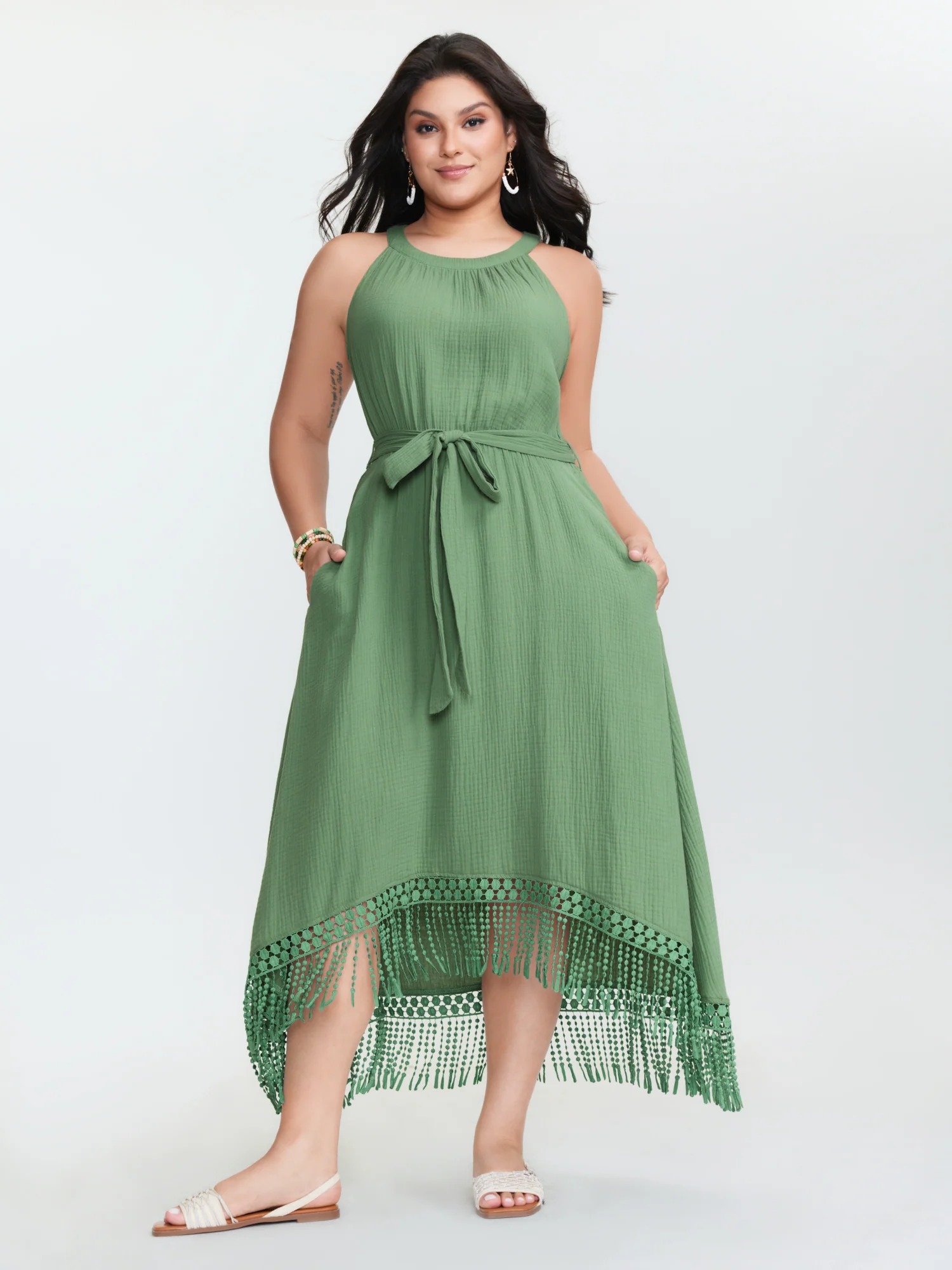 Cotton Waist-Tie Fringe Hem Mini Dress - Image 3