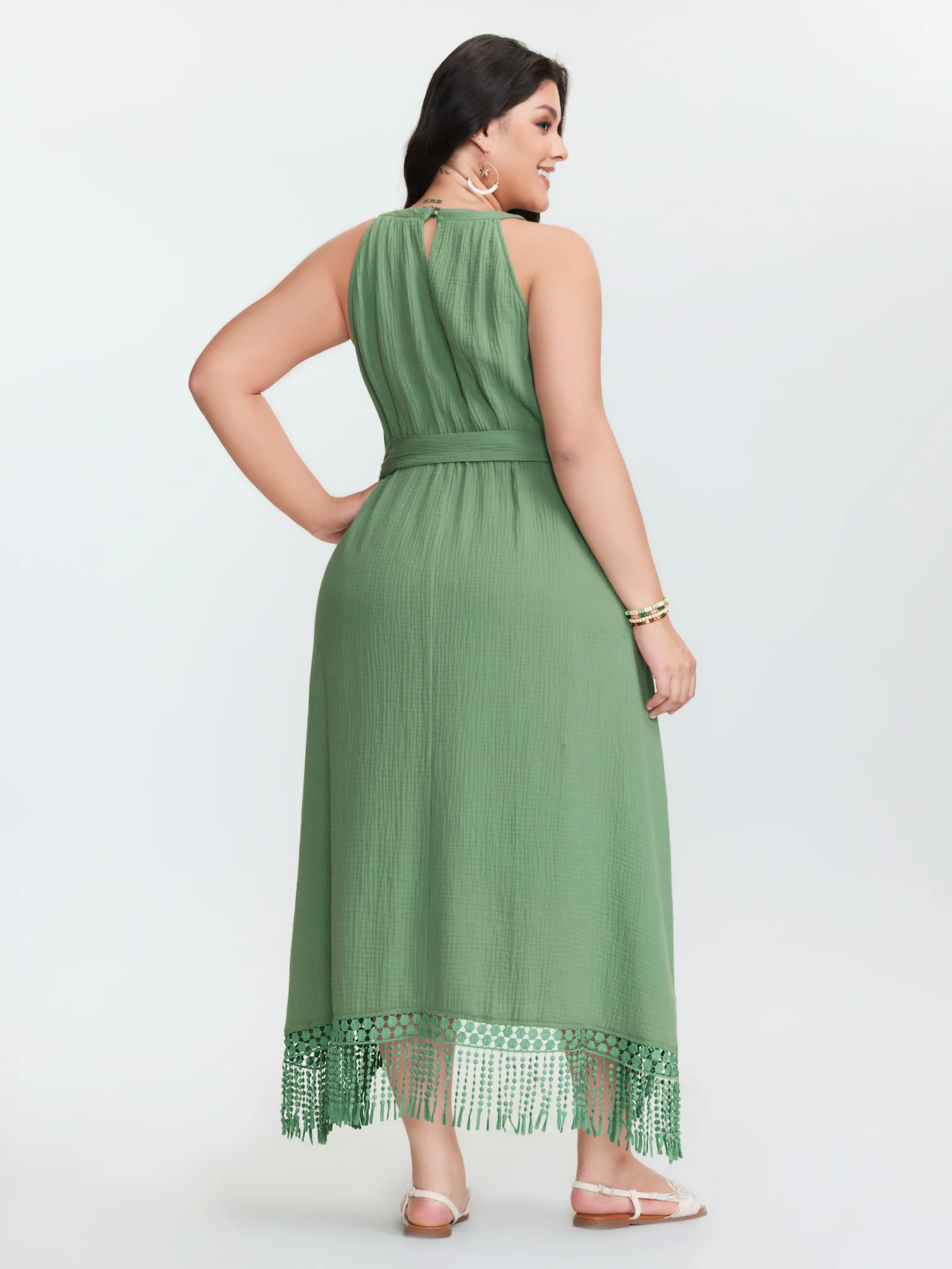 Cotton Waist-Tie Fringe Hem Mini Dress - Image 5