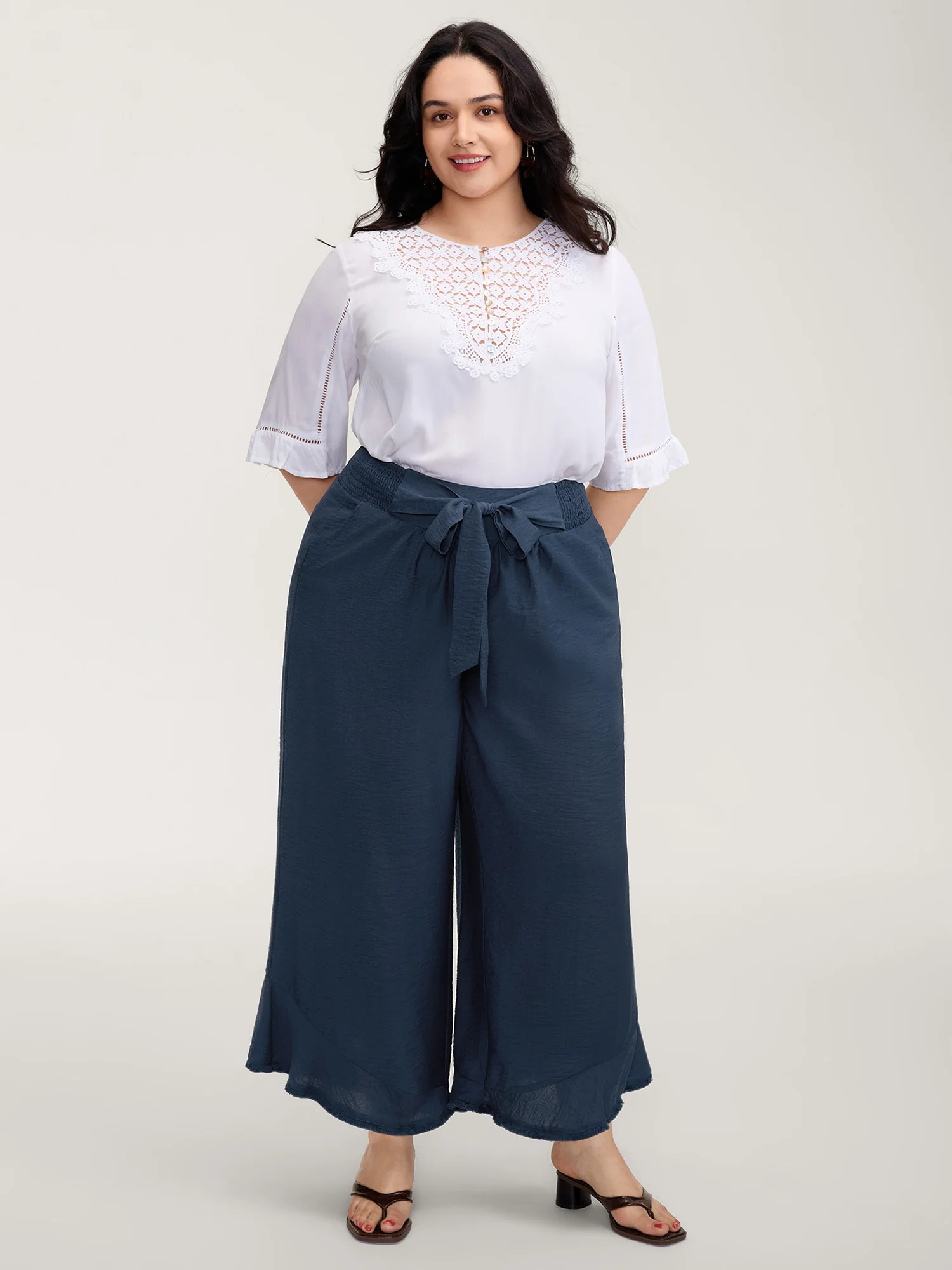Waist-Tie Knotted Ruffled Wide-Leg Pants - Image 2