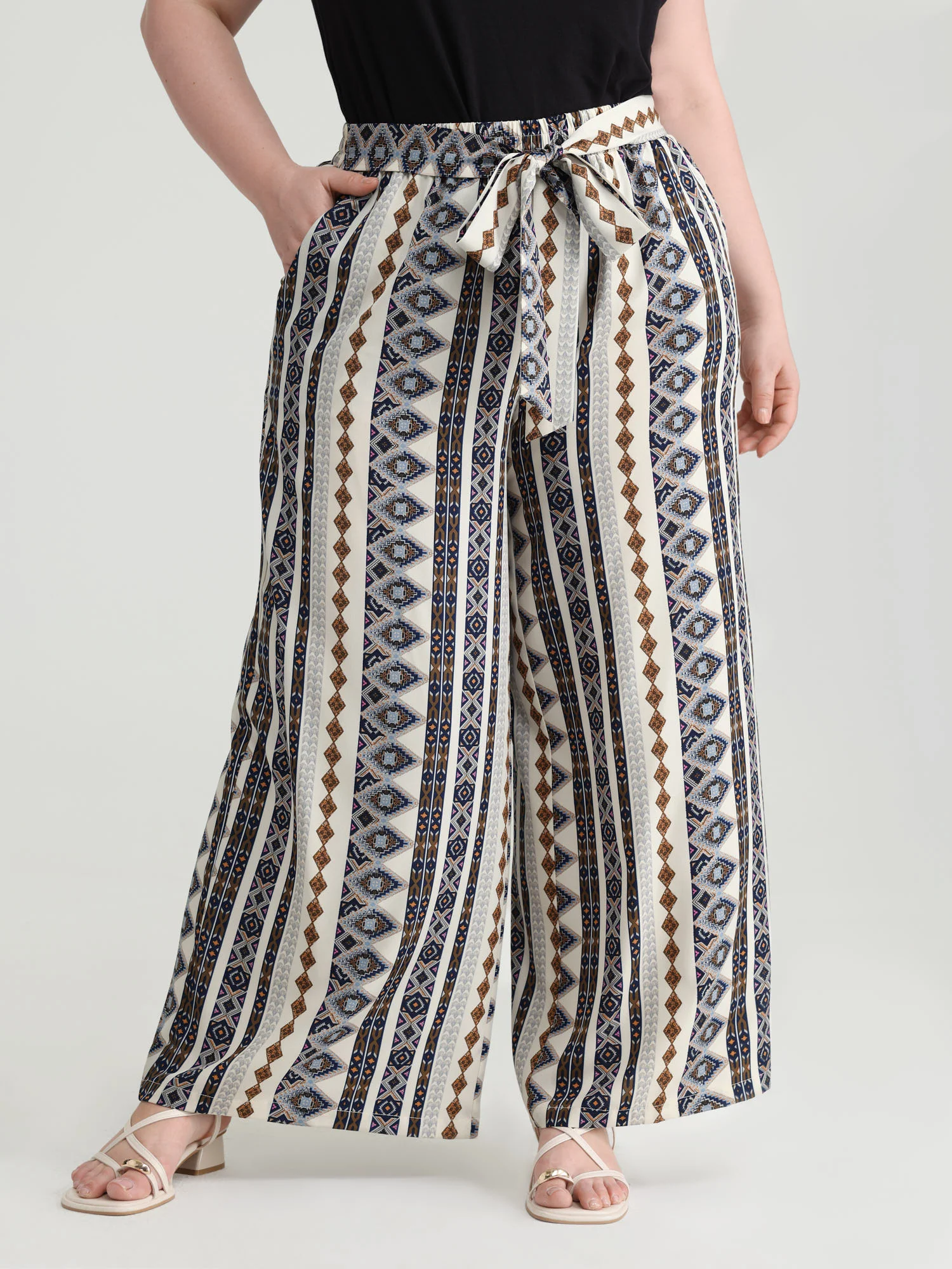 Waist-Tie Wide-Leg Boho Print Pants - Image 22