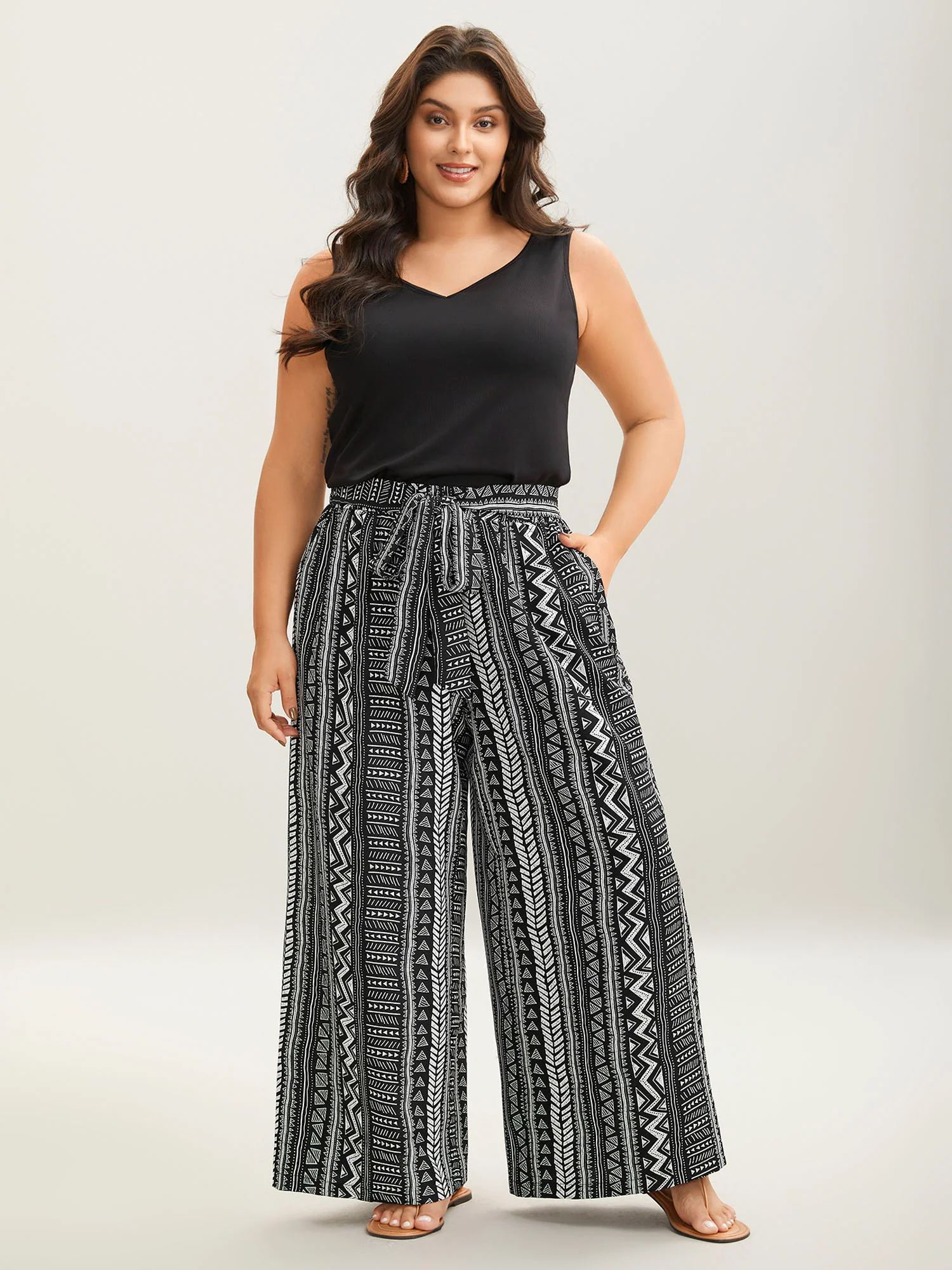 Waist-Tie Wide-Leg Boho Print Pants - Image 3
