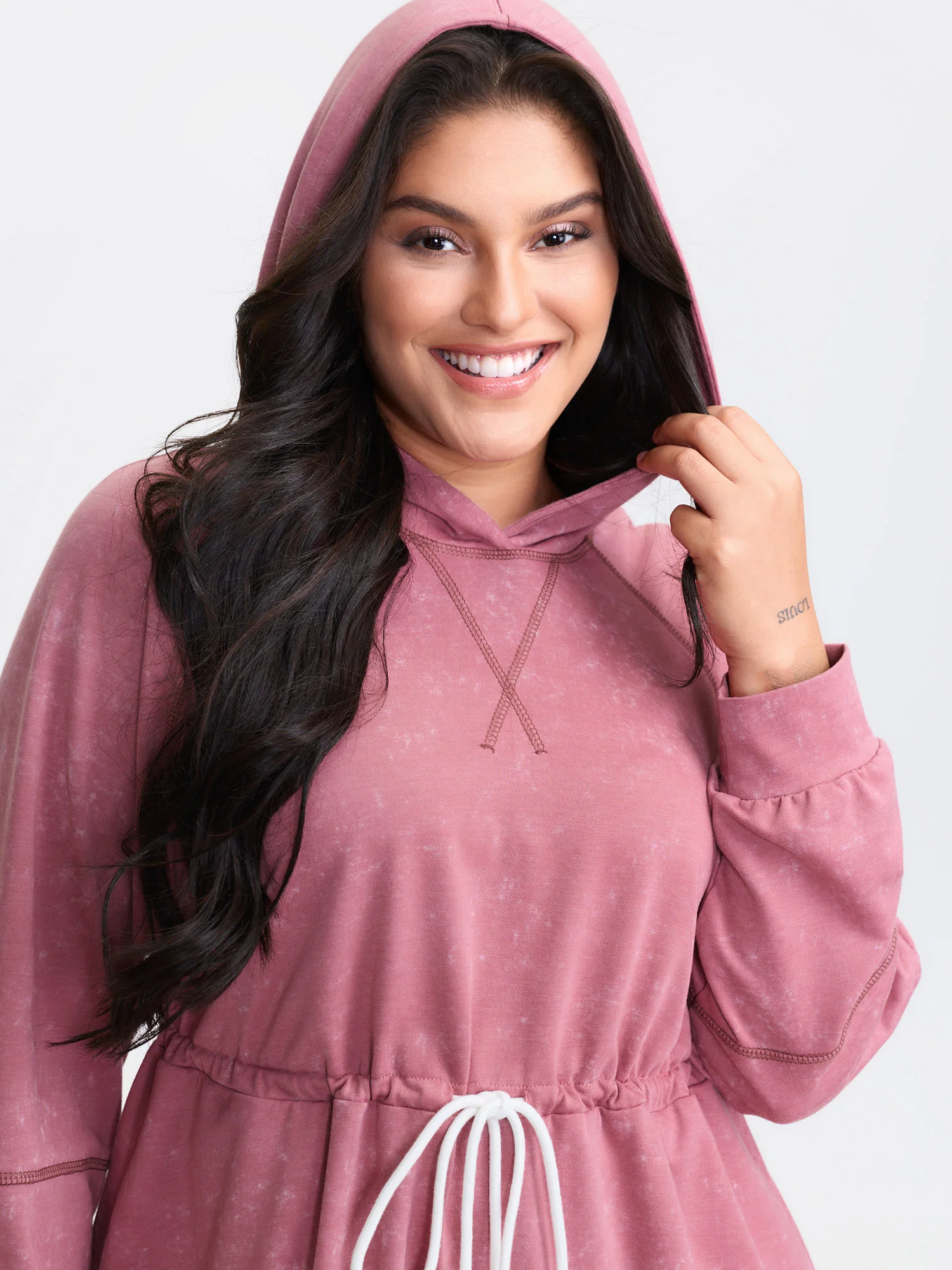 Washed Effect Drawstring Contrast Hooded Dress - Image 2