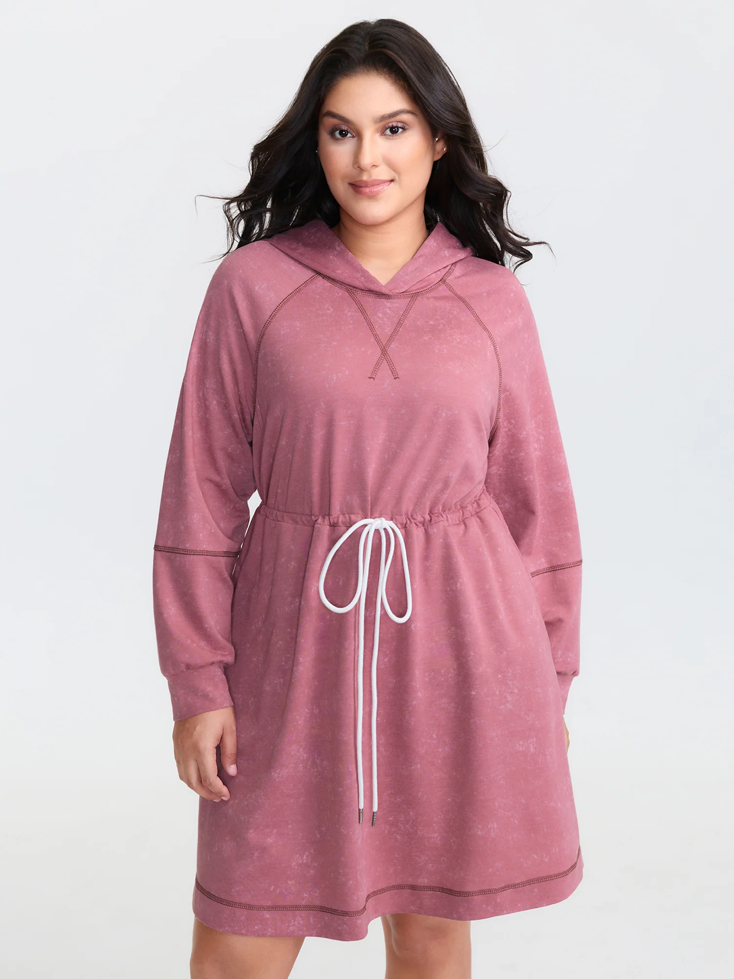 Washed Effect Drawstring Contrast Hooded Dress - Image 3