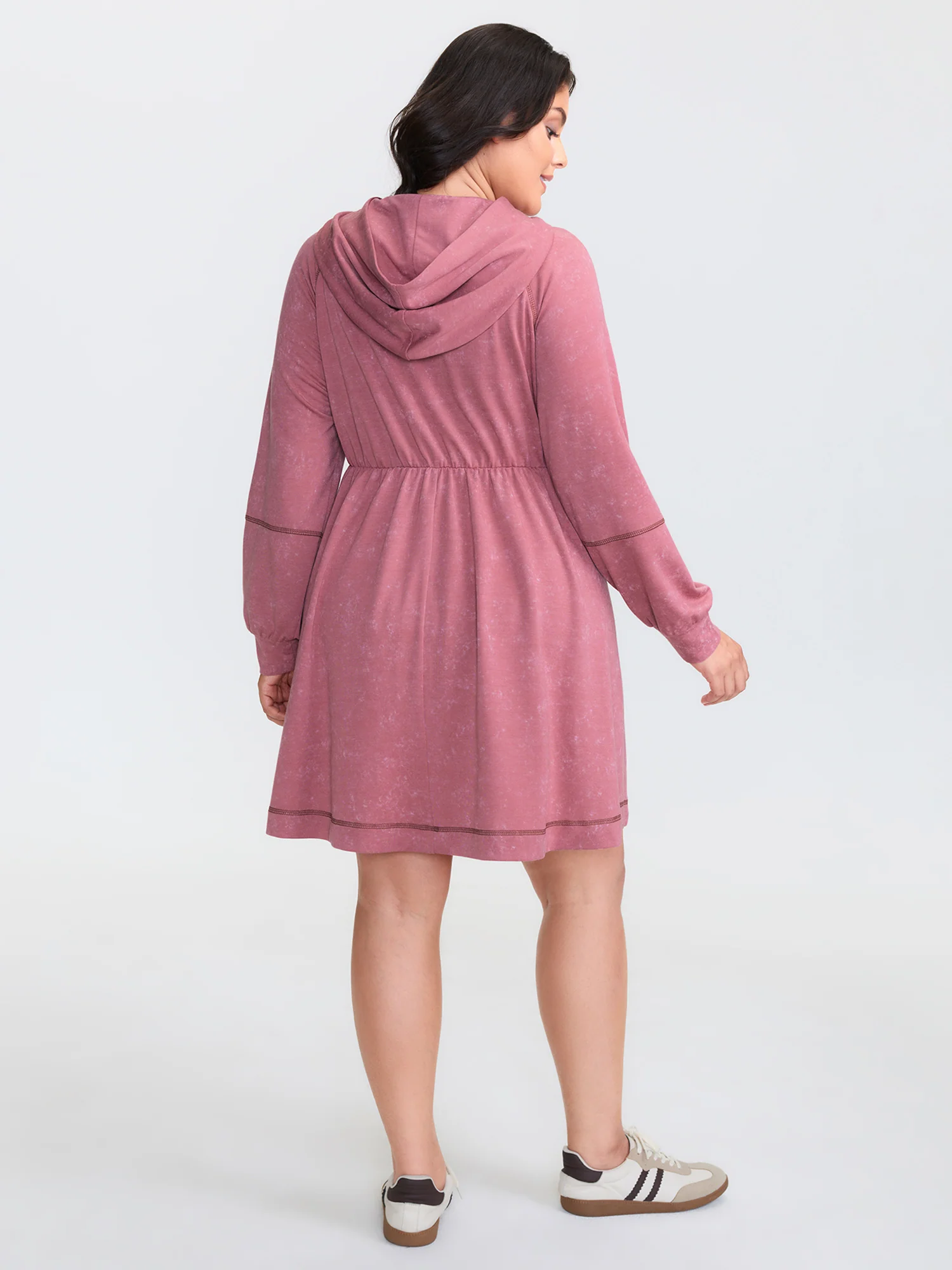 Washed Effect Drawstring Contrast Hooded Dress - Image 4