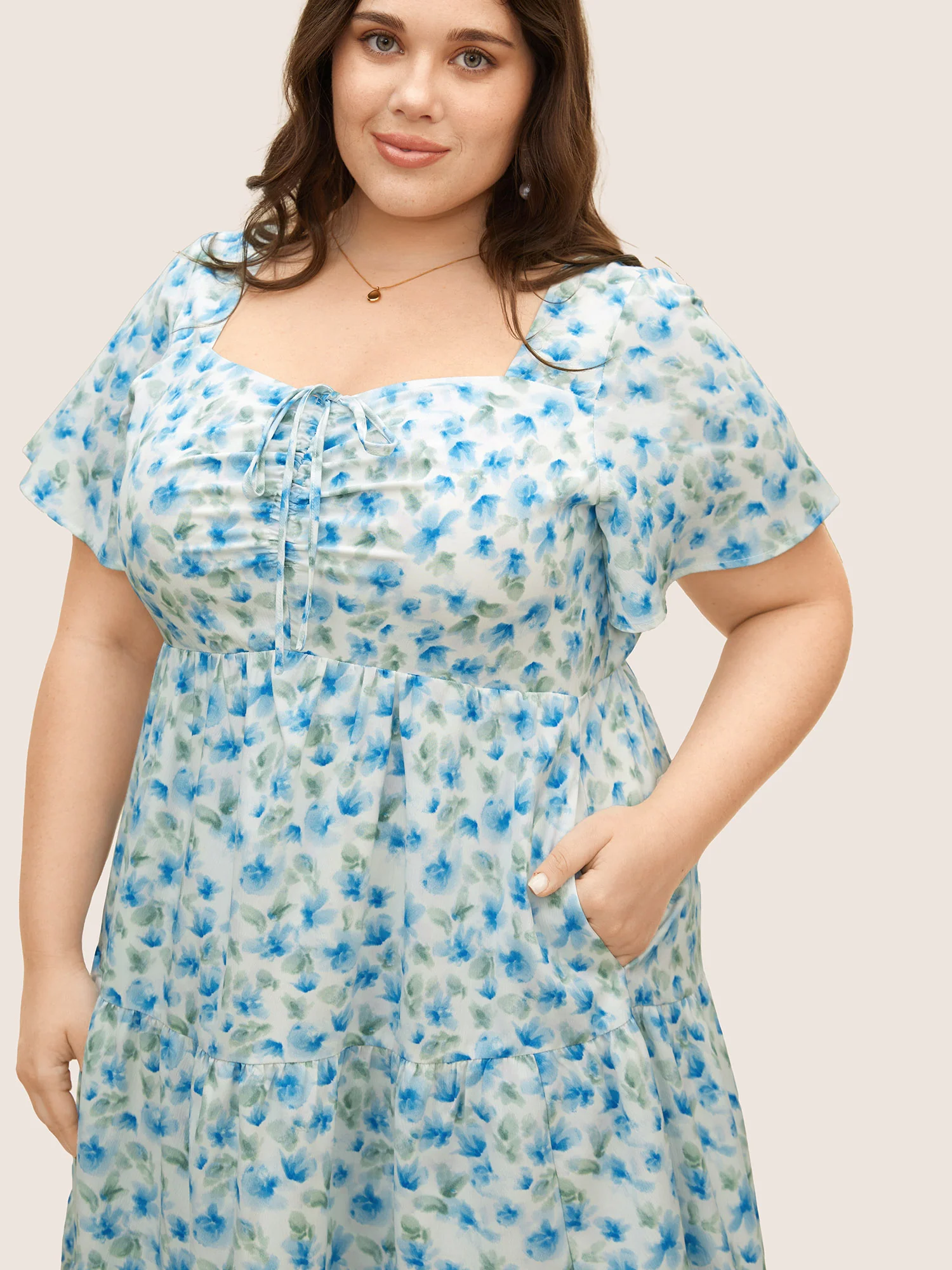 Watercolor Floral Drawstring Ruffle Sleeve Midi Dress - Image 2