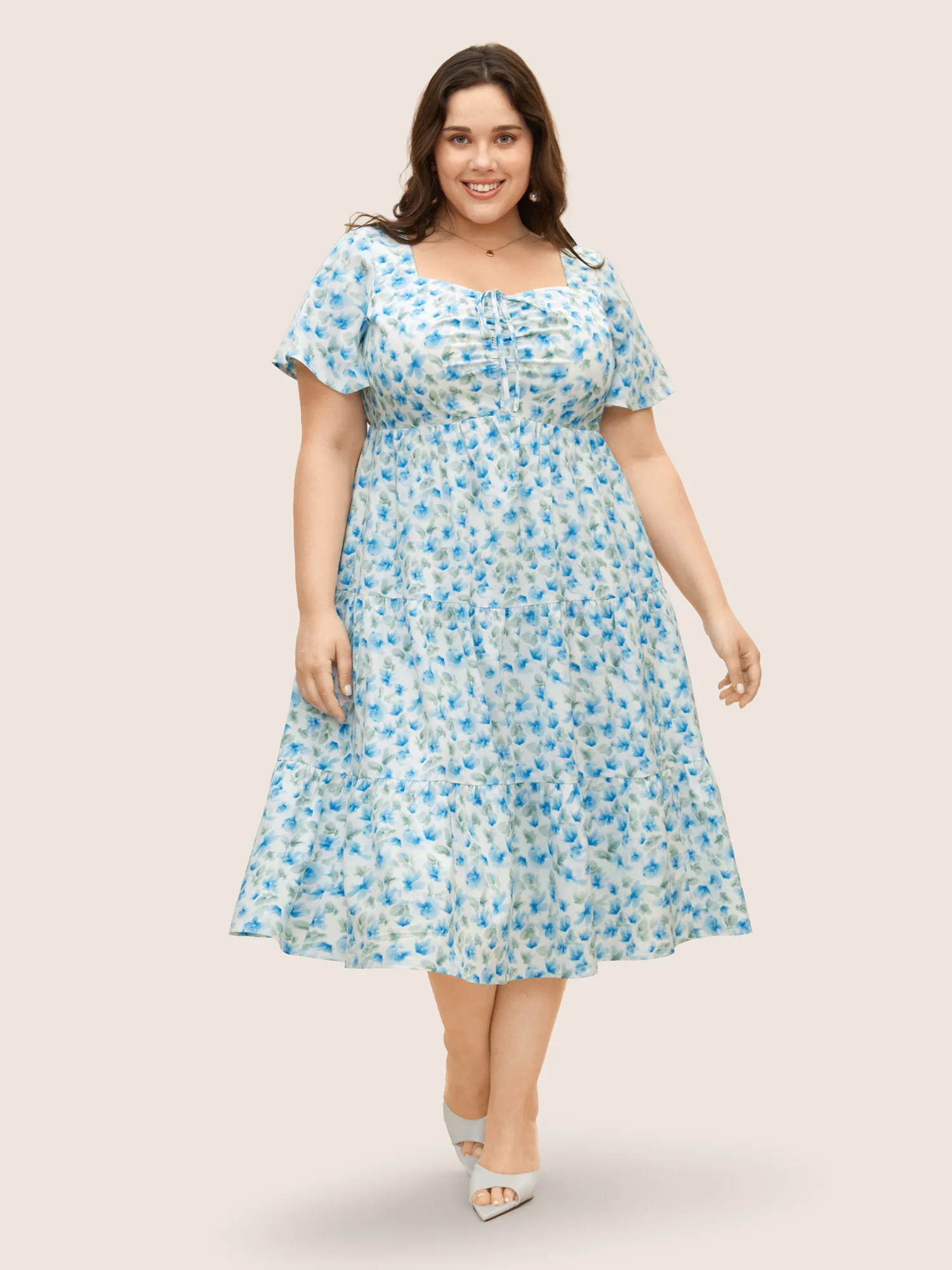 Watercolor Floral Drawstring Ruffle Sleeve Midi Dress - Image 3
