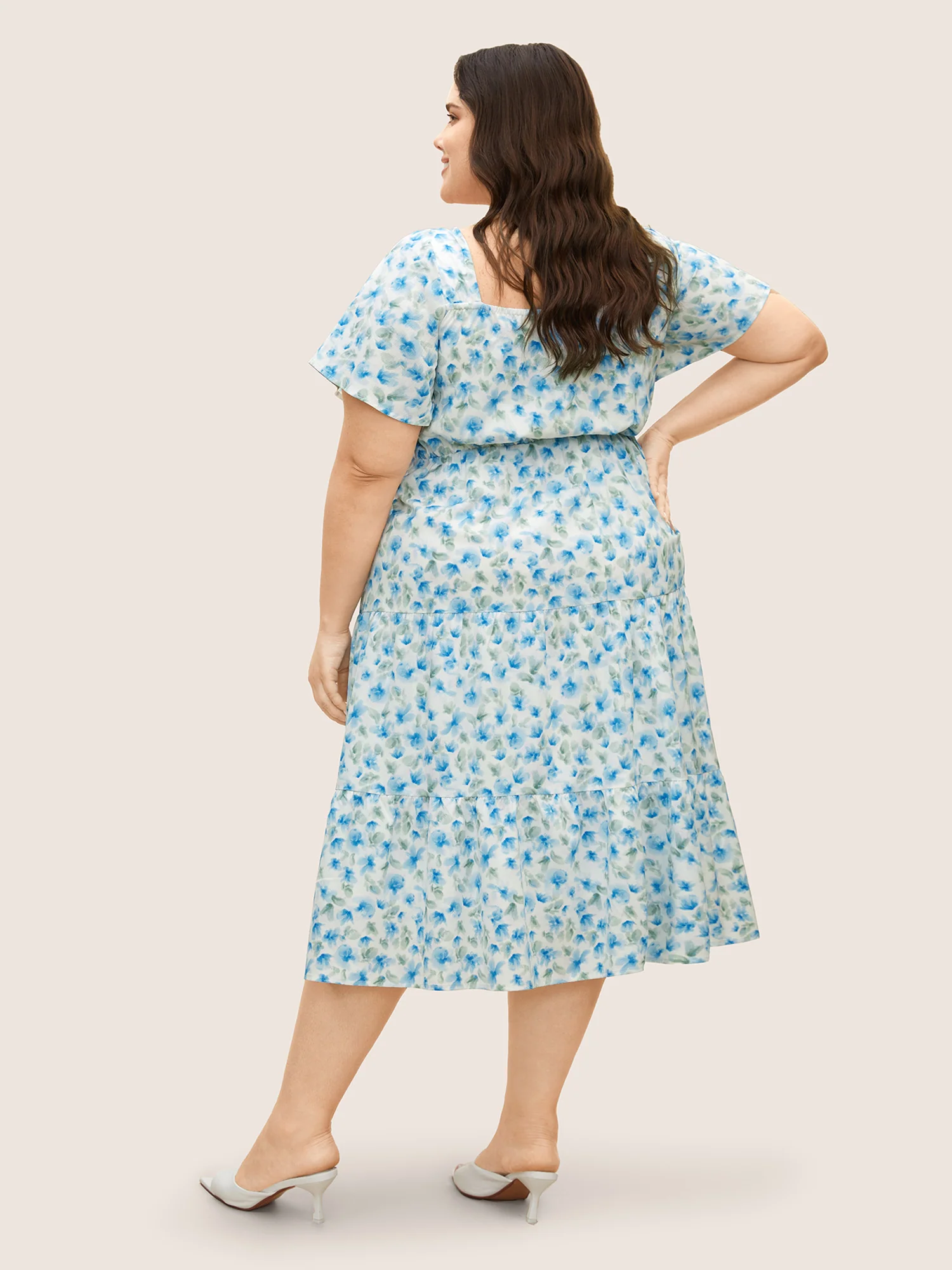 Watercolor Floral Drawstring Ruffle Sleeve Midi Dress - Image 4
