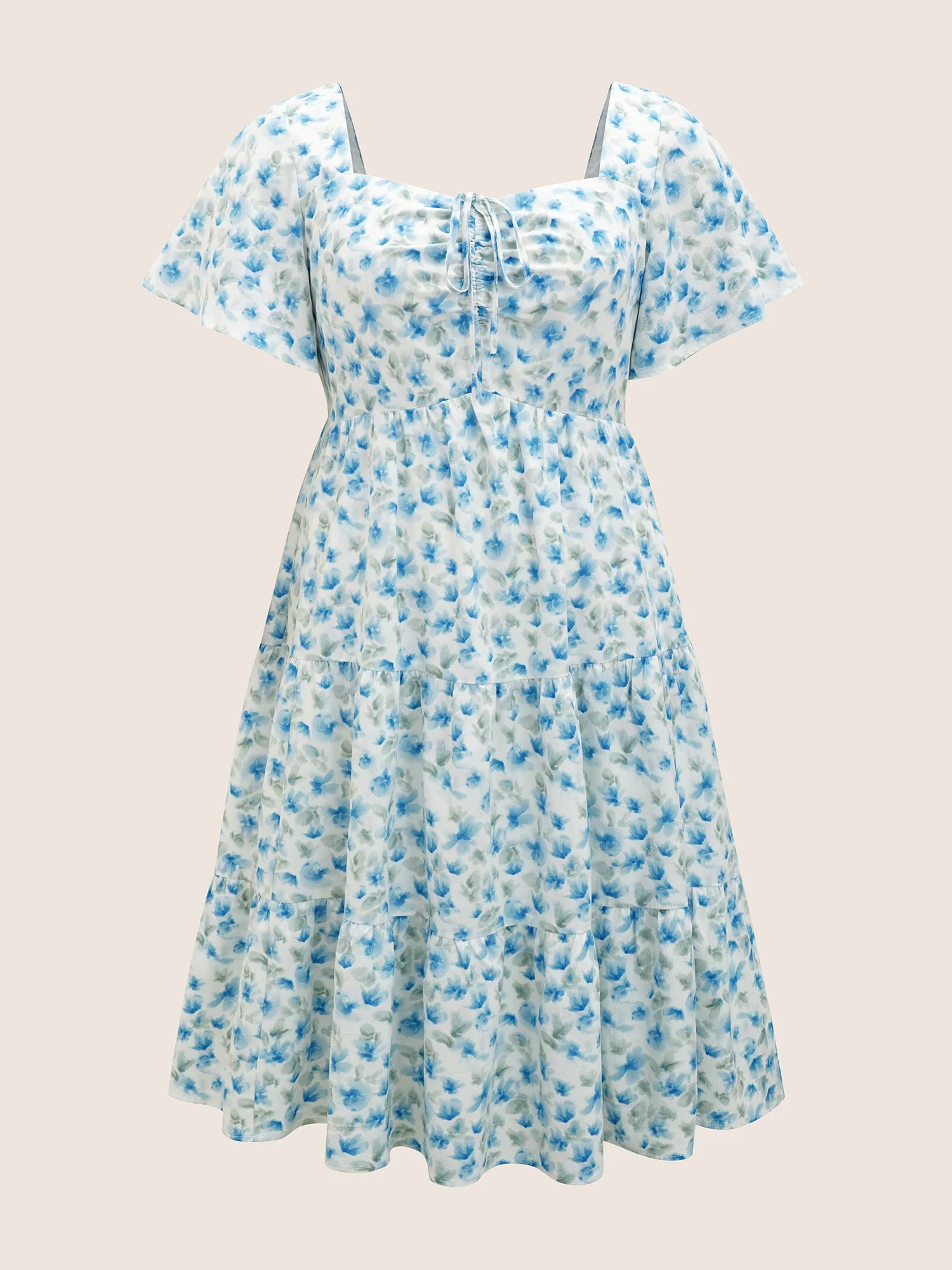 Watercolor Floral Drawstring Ruffle Sleeve Midi Dress - Image 7