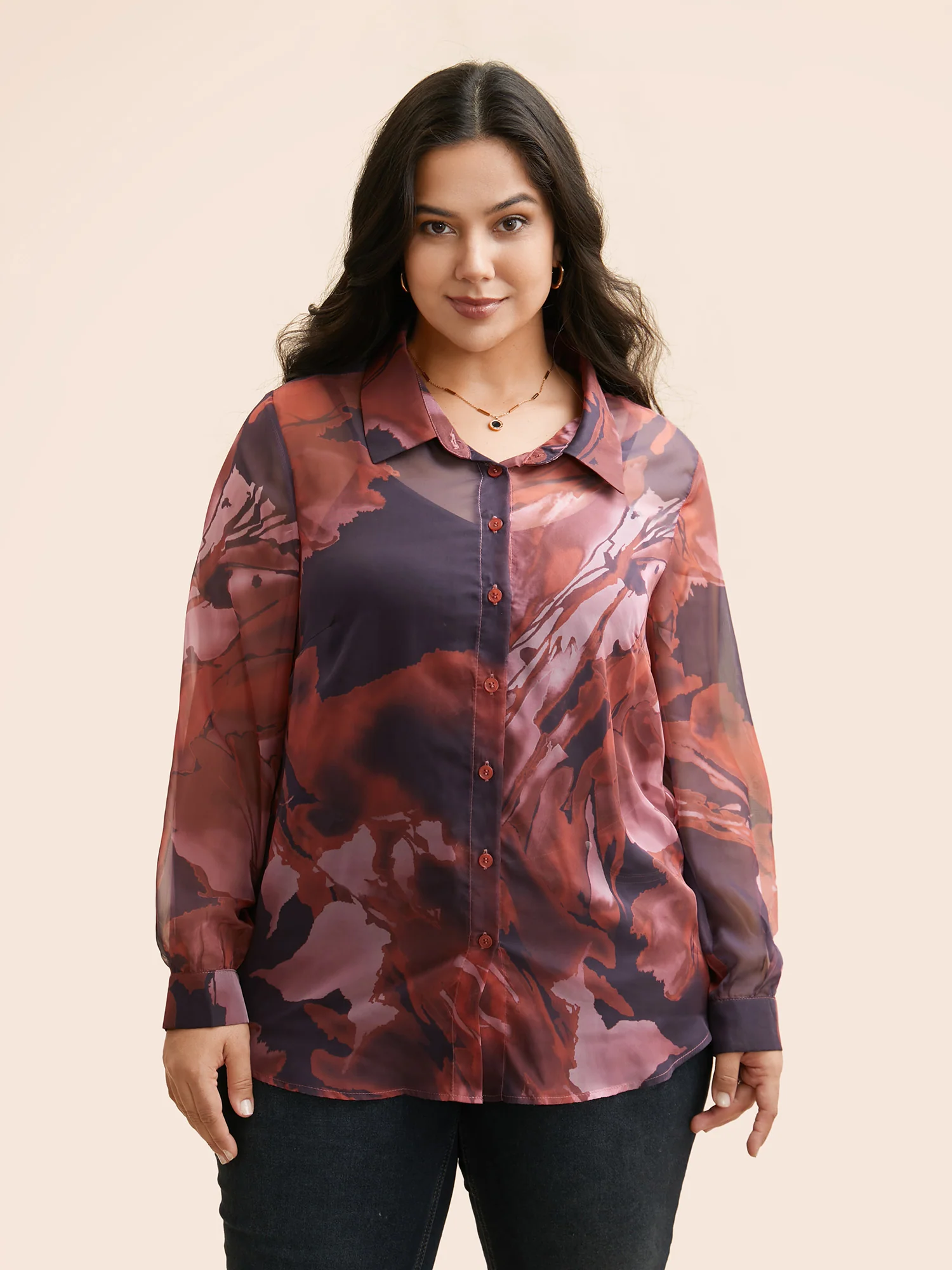 Watercolor Floral Mesh Shirt Collar Blouse - Image 2