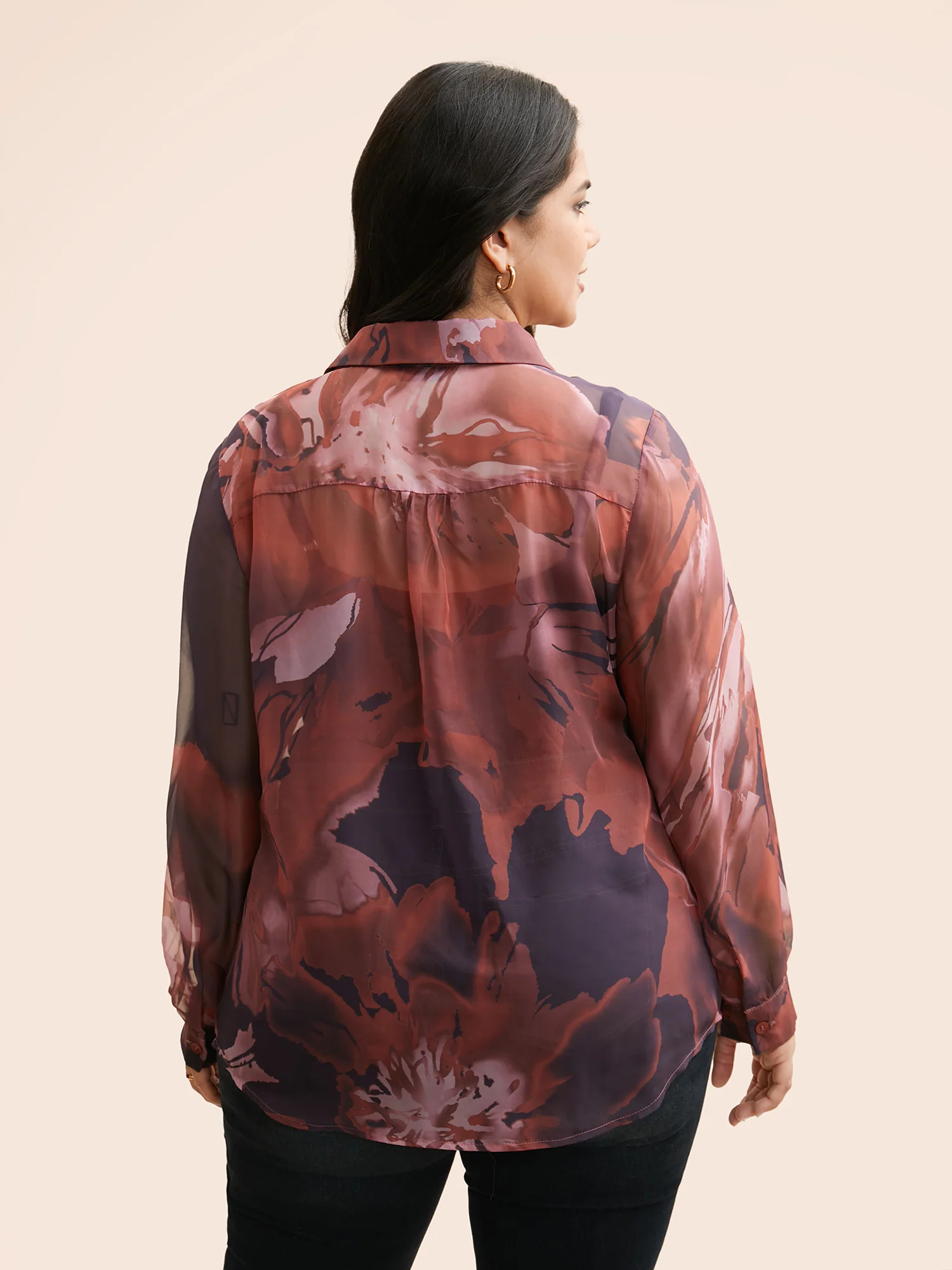 Watercolor Floral Mesh Shirt Collar Blouse - Image 3