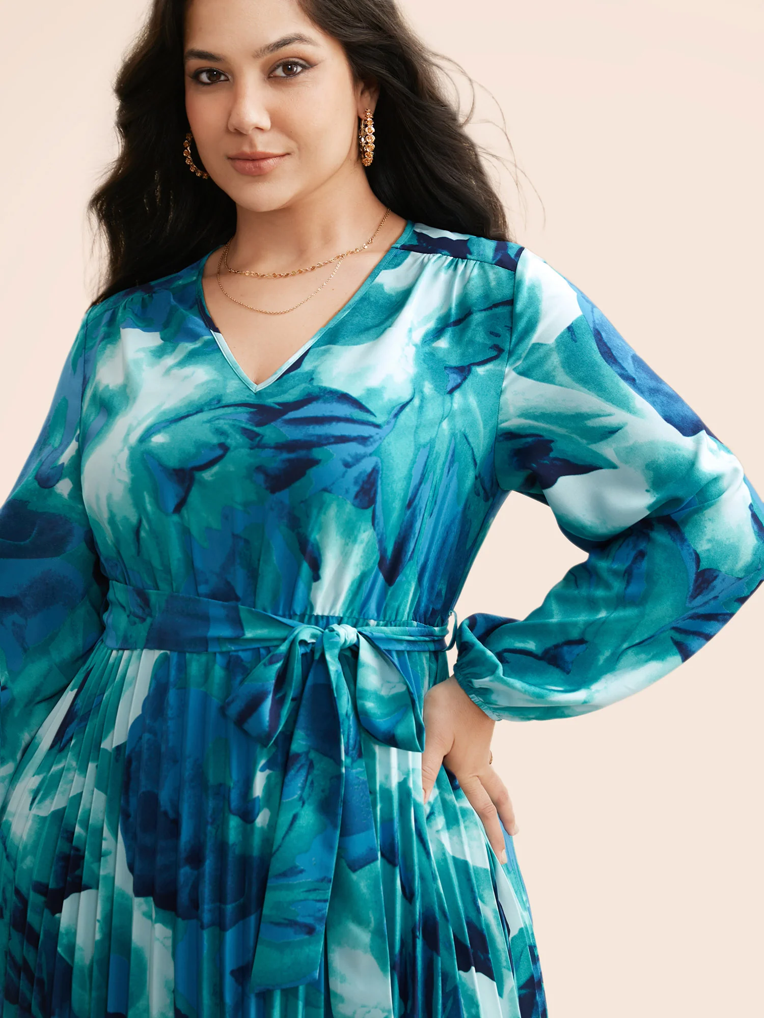 Watercolor Floral Pleated Belted Dress - Image 2