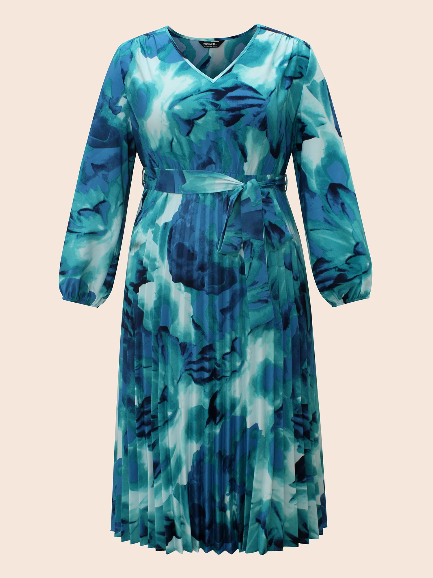 Watercolor Floral Pleated Belted Dress - Image 8