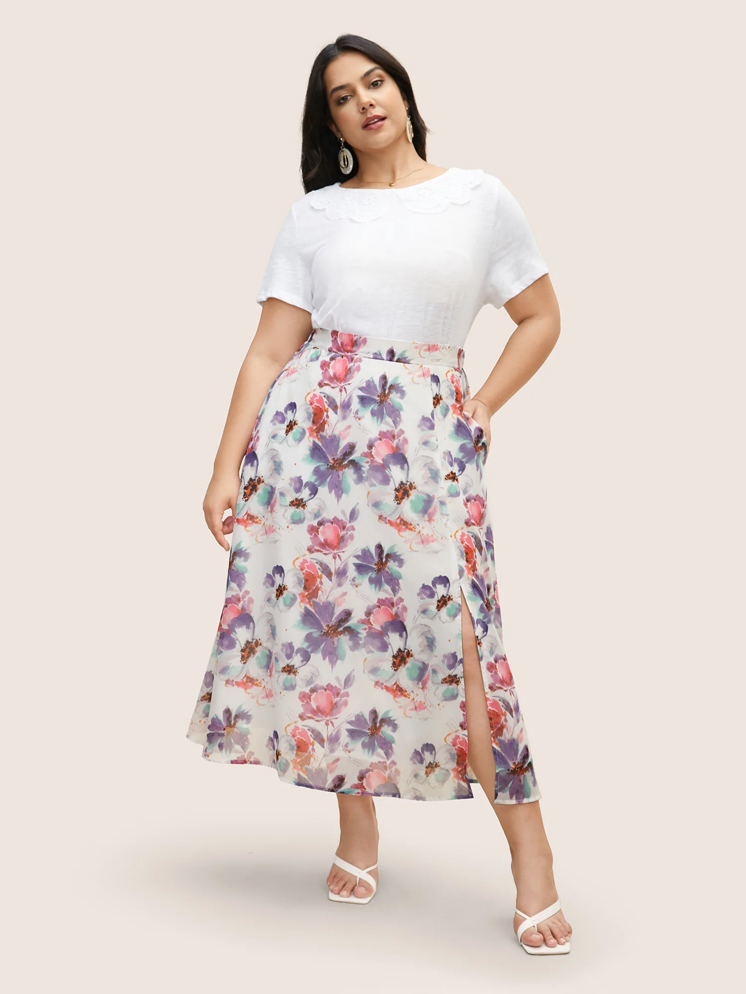 Watercolor Floral Print Slit Hem Pocket Skirt - Image 2