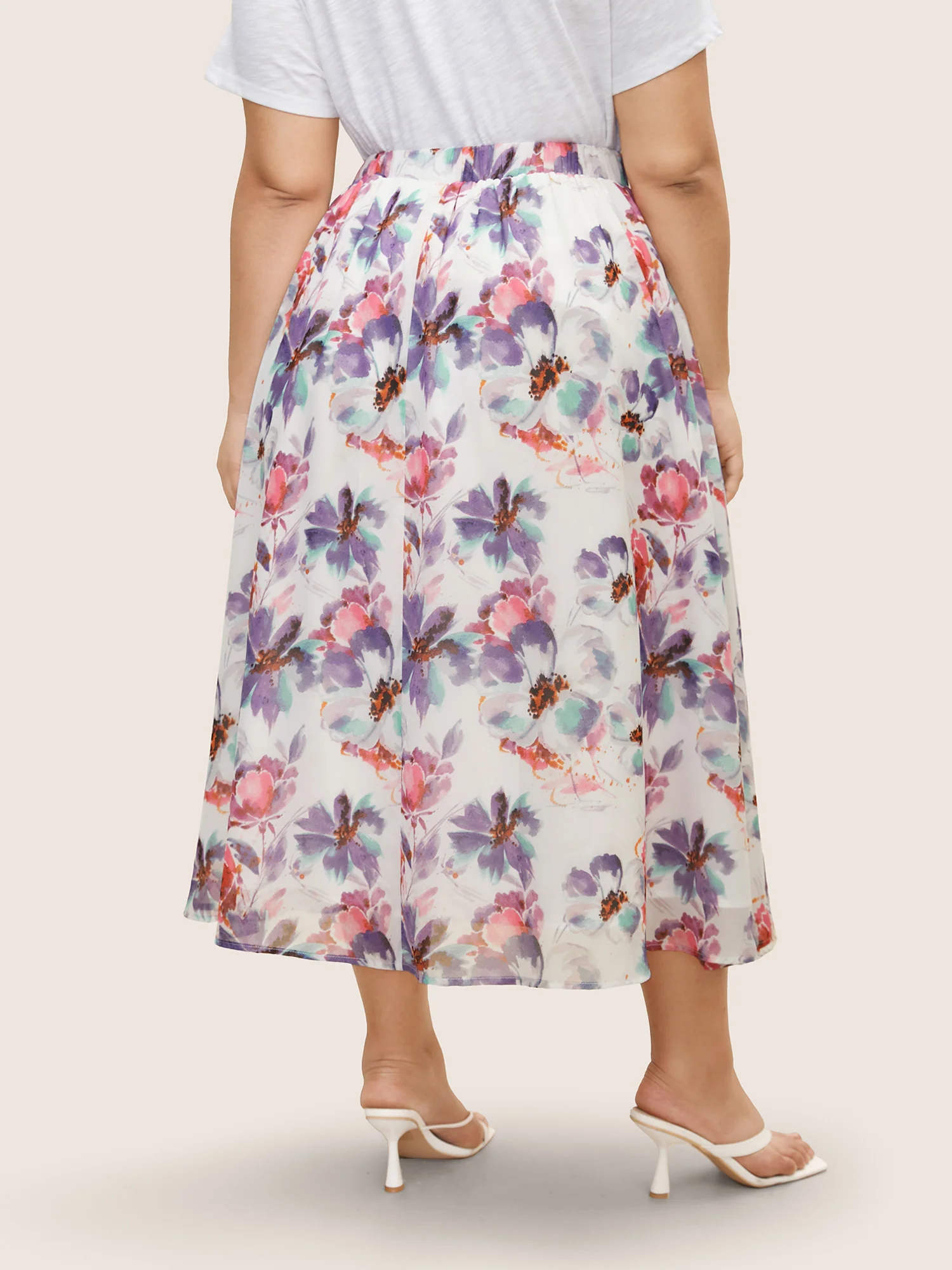 Watercolor Floral Print Slit Hem Pocket Skirt - Image 3