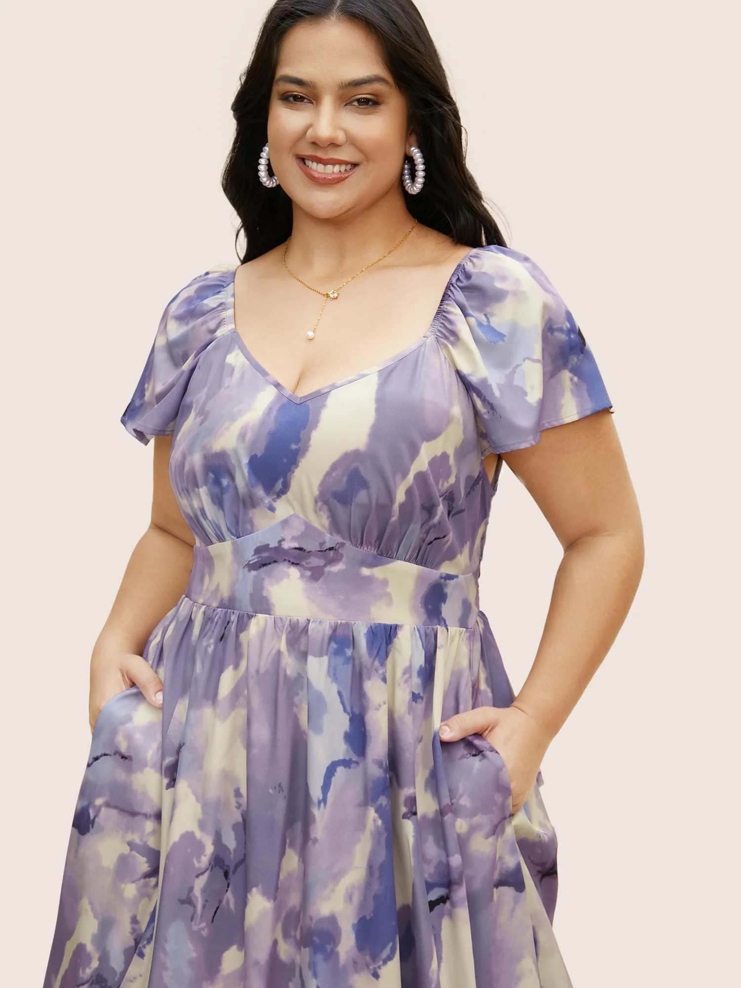 Watercolor Floral Bubble Hem Pockets Dress - Image 2