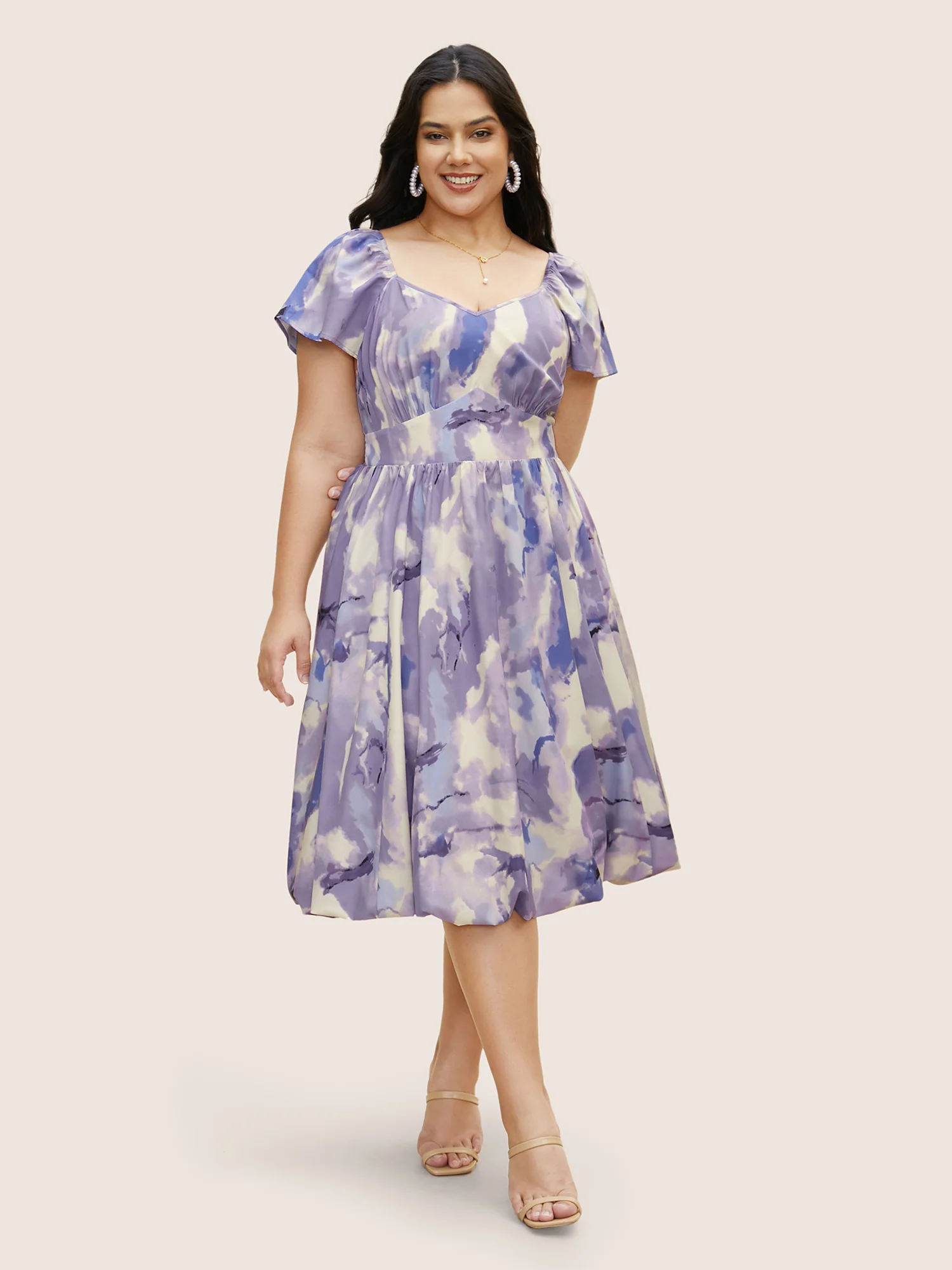 Watercolor Floral Bubble Hem Pockets Dress - Image 3